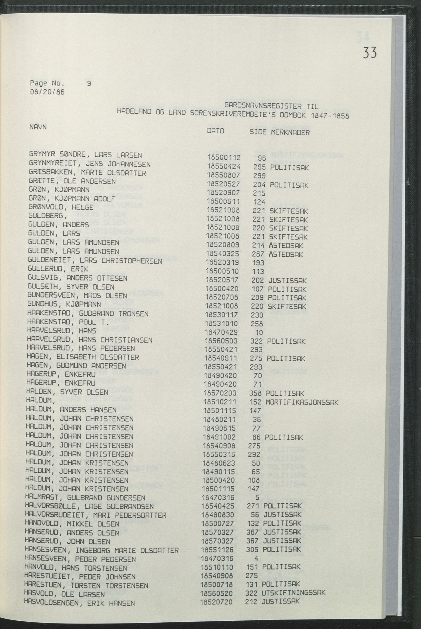 Statsarkivet i Hamar, AV/SAH-SAH-001/H/Hb/L0001/0004: Egne registre og hjelpemidler / Register  til Hadeland og Land sorenskriveri dombok 1 (1847 - 1858), 1847-1858, p. 33