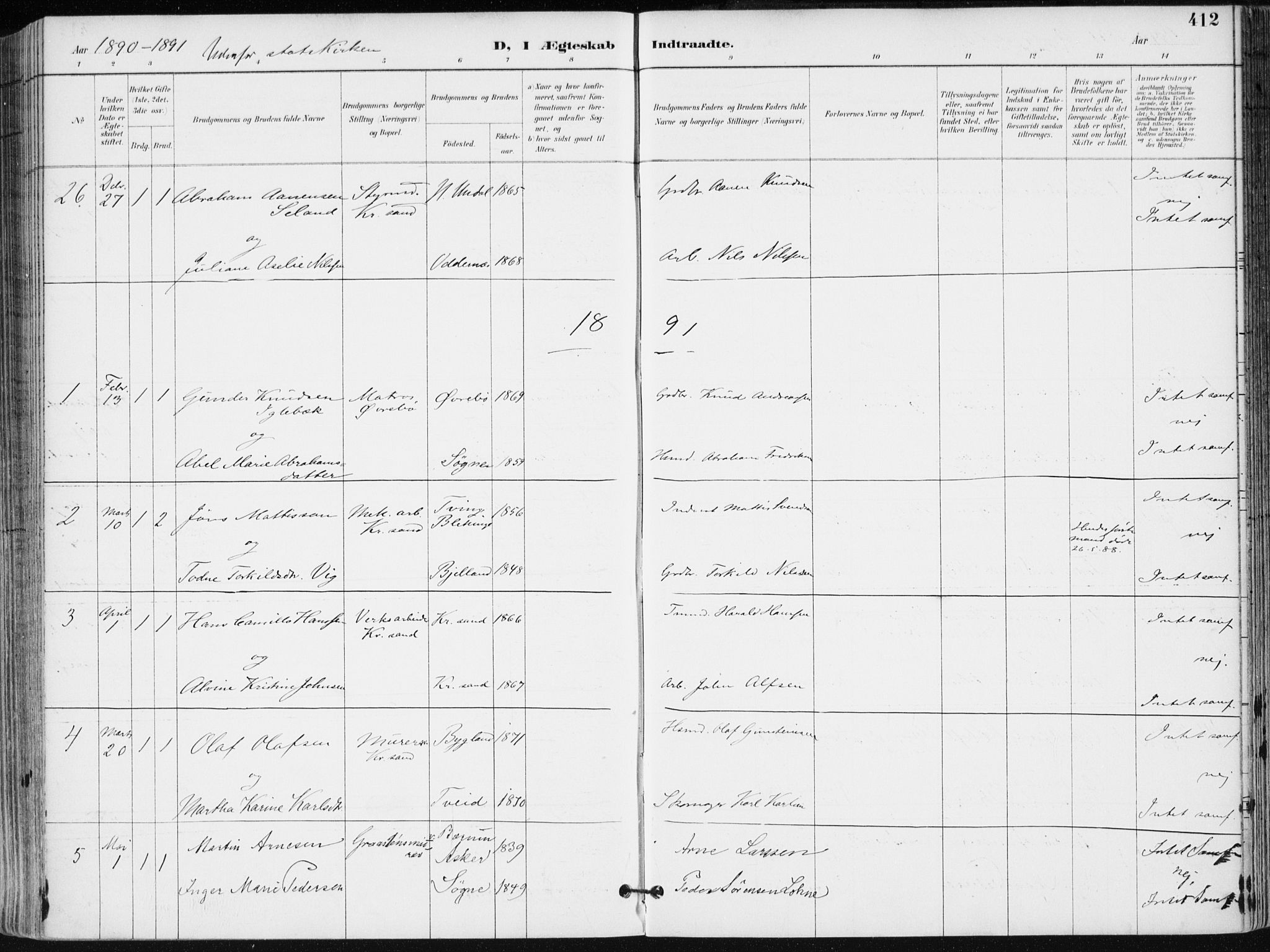 Kristiansand domprosti, AV/SAK-1112-0006/F/Fa/L0019: Parish register (official) no. A 18, 1890-1897, p. 412