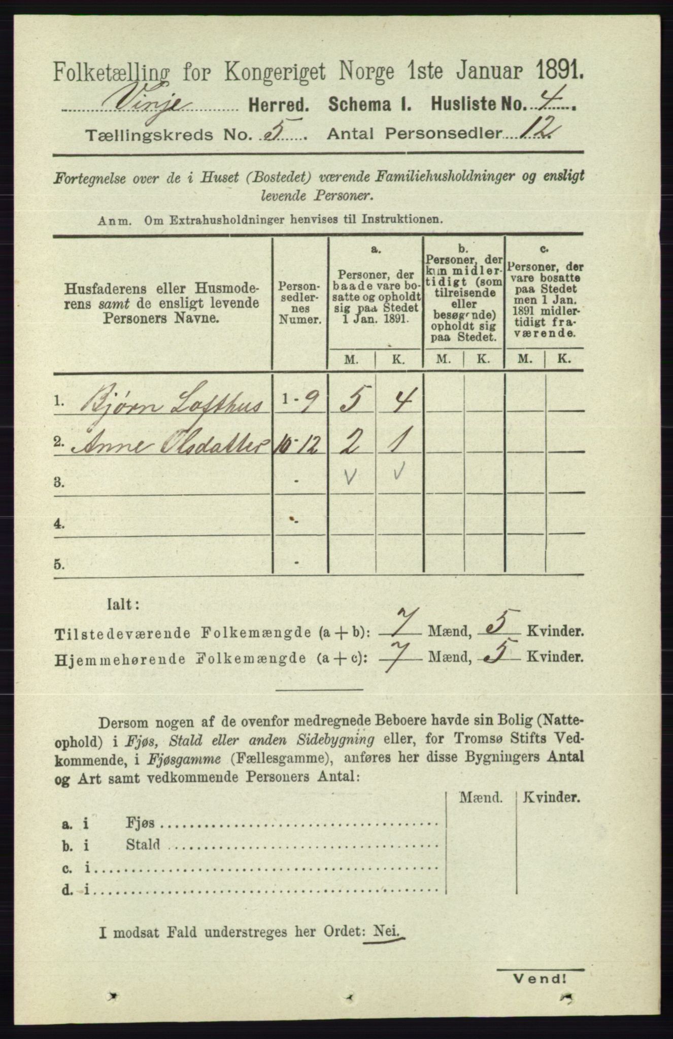 RA, 1891 census for 0834 Vinje, 1891, p. 1009