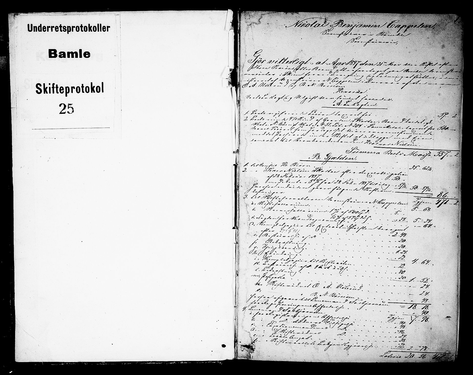 Bamble sorenskriveri, SAKO/A-214/H/Hb/Hbd/L0003: Skifteutlodningsprotokoll, 1847-1850, p. 0-1