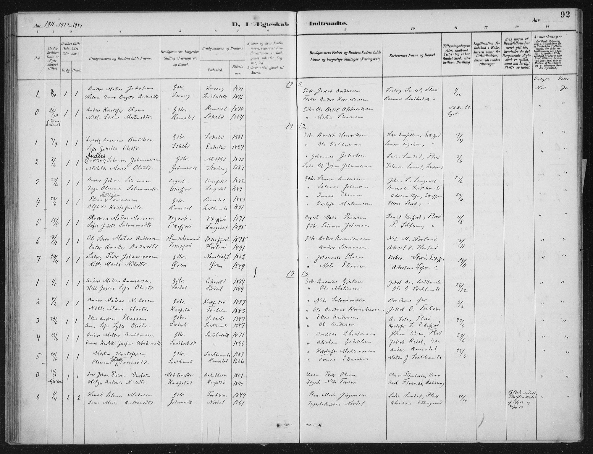 Kinn sokneprestembete, AV/SAB-A-80801/H/Haa/Haae/L0001: Parish register (official) no. E 1, 1890-1916, p. 92