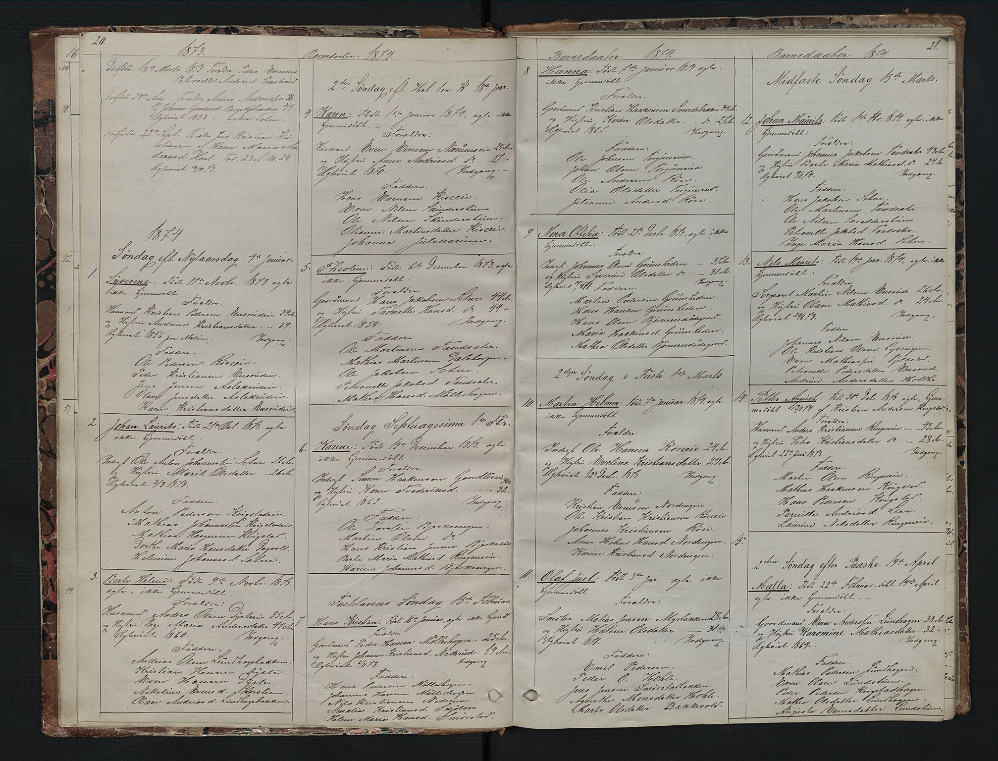 Vestre Toten prestekontor, SAH/PREST-108/H/Ha/Hab/L0007: Parish register (copy) no. 7, 1872-1900, p. 20-21