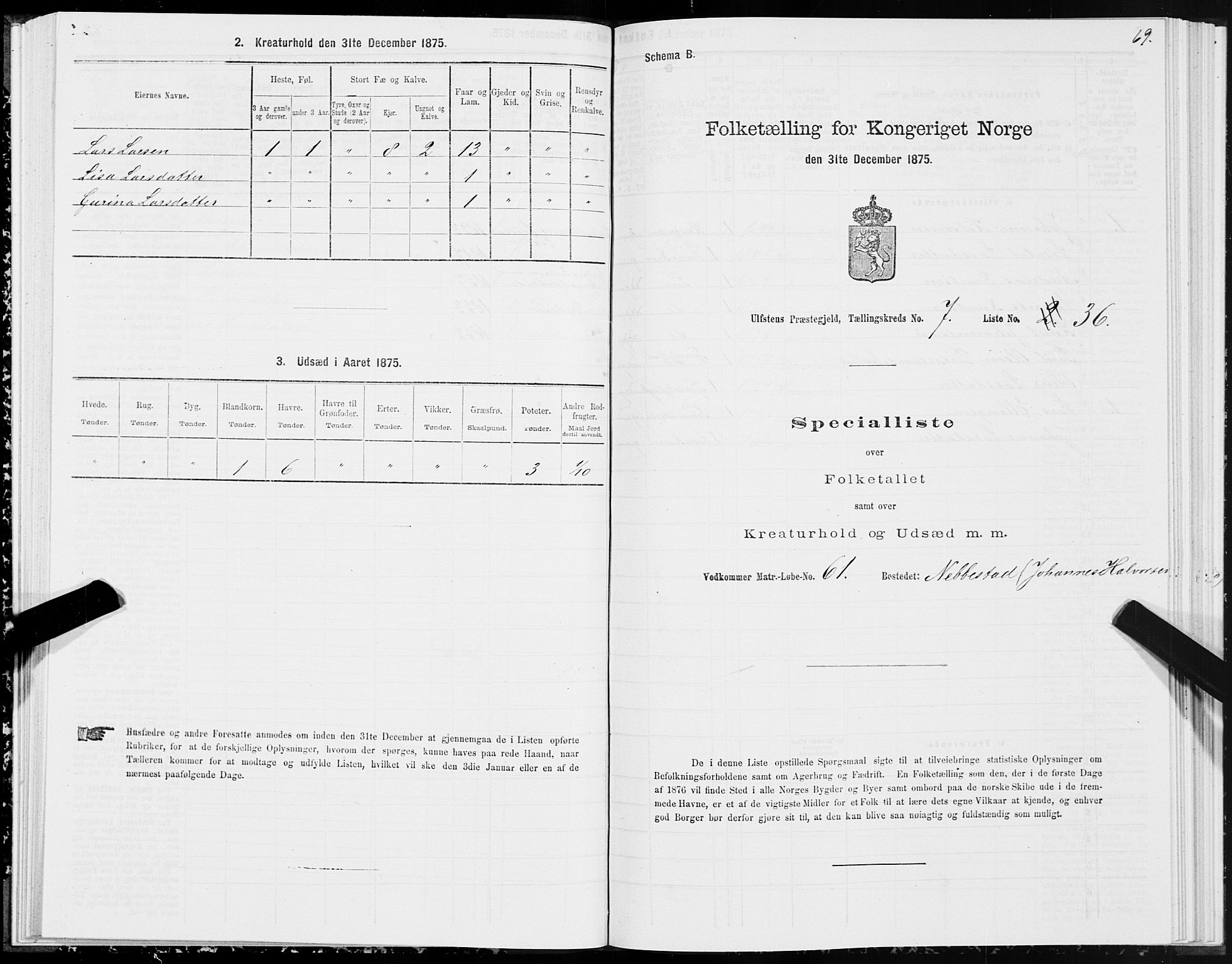 SAT, 1875 census for 1516P Ulstein, 1875, p. 3069