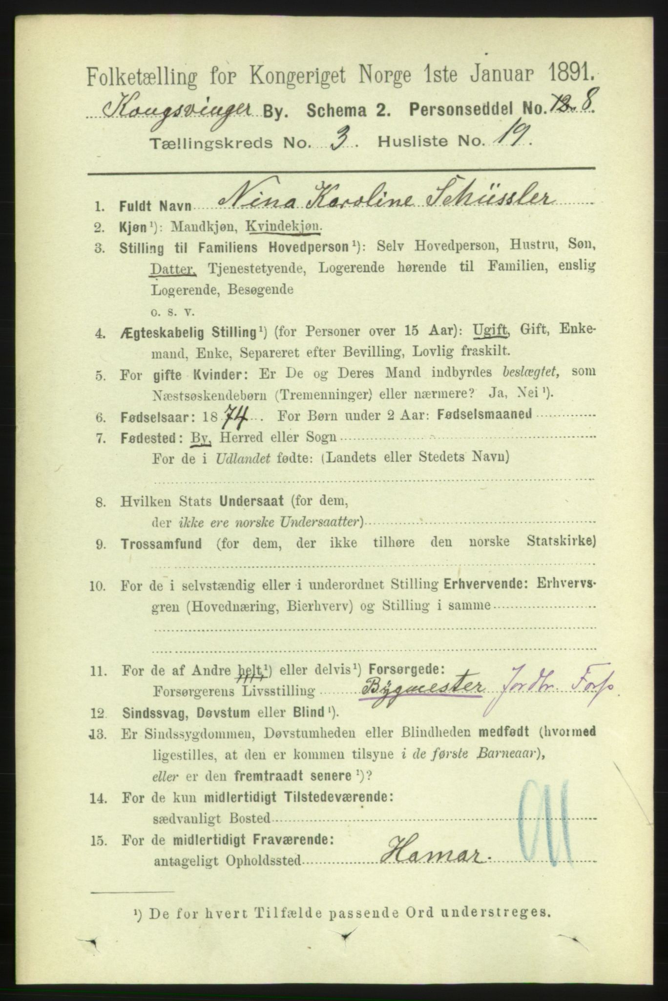 RA, 1891 census for 0402 Kongsvinger, 1891, p. 1335