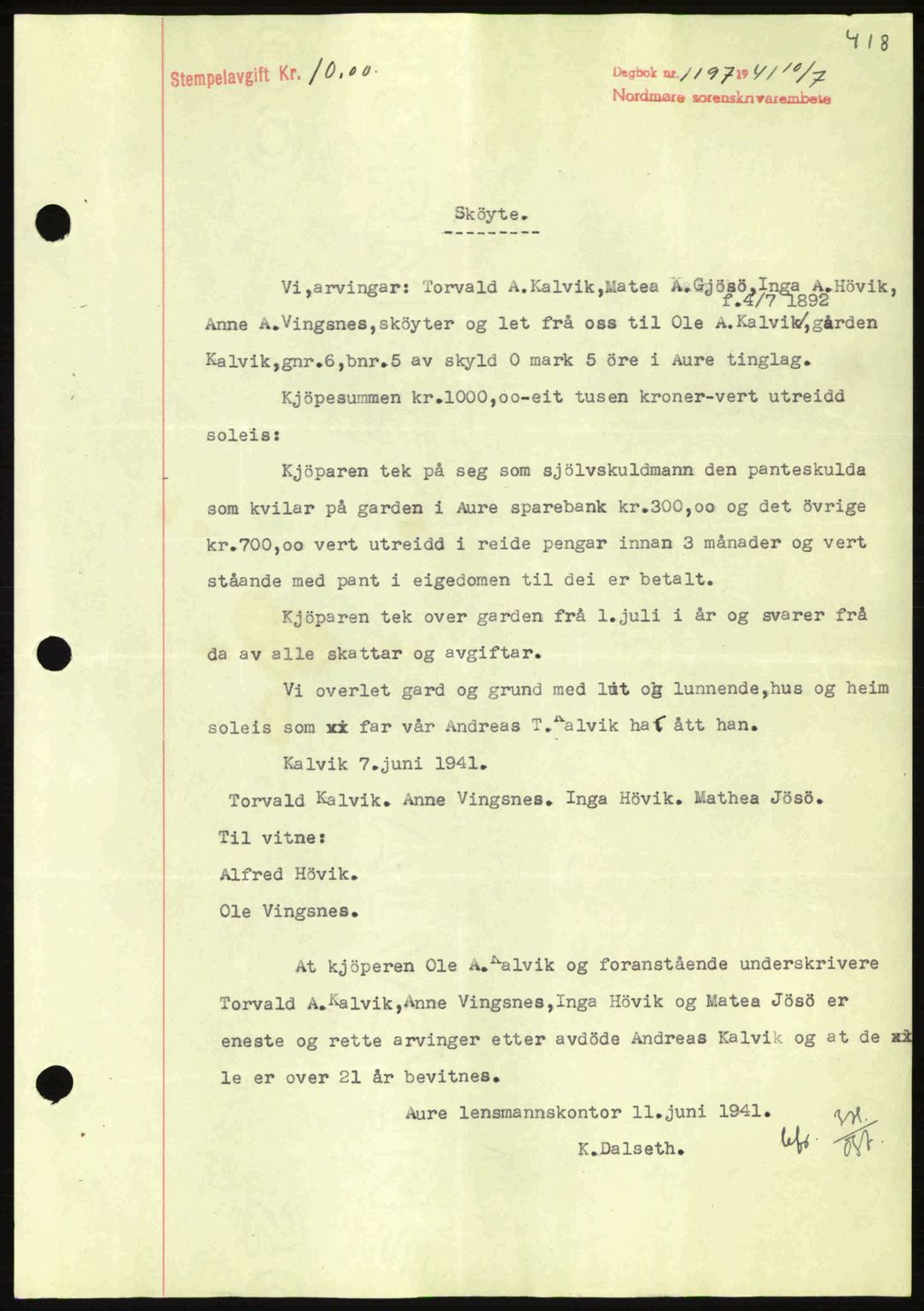Nordmøre sorenskriveri, SAT/A-4132/1/2/2Ca: Mortgage book no. A90, 1941-1941, Diary no: : 1197/1941