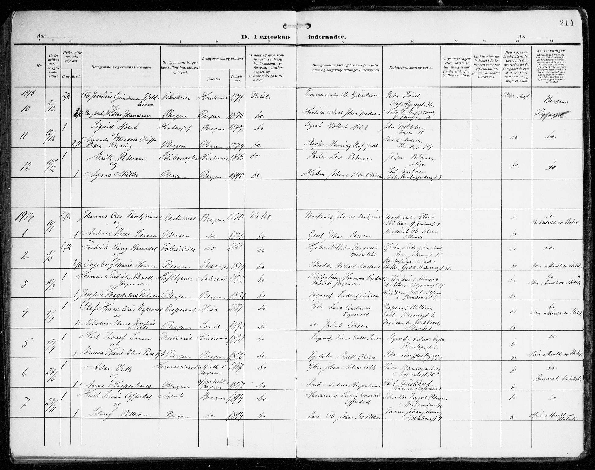Johanneskirken sokneprestembete, SAB/A-76001/H/Haa/L0013: Parish register (official) no. D 2, 1912-1929, p. 214
