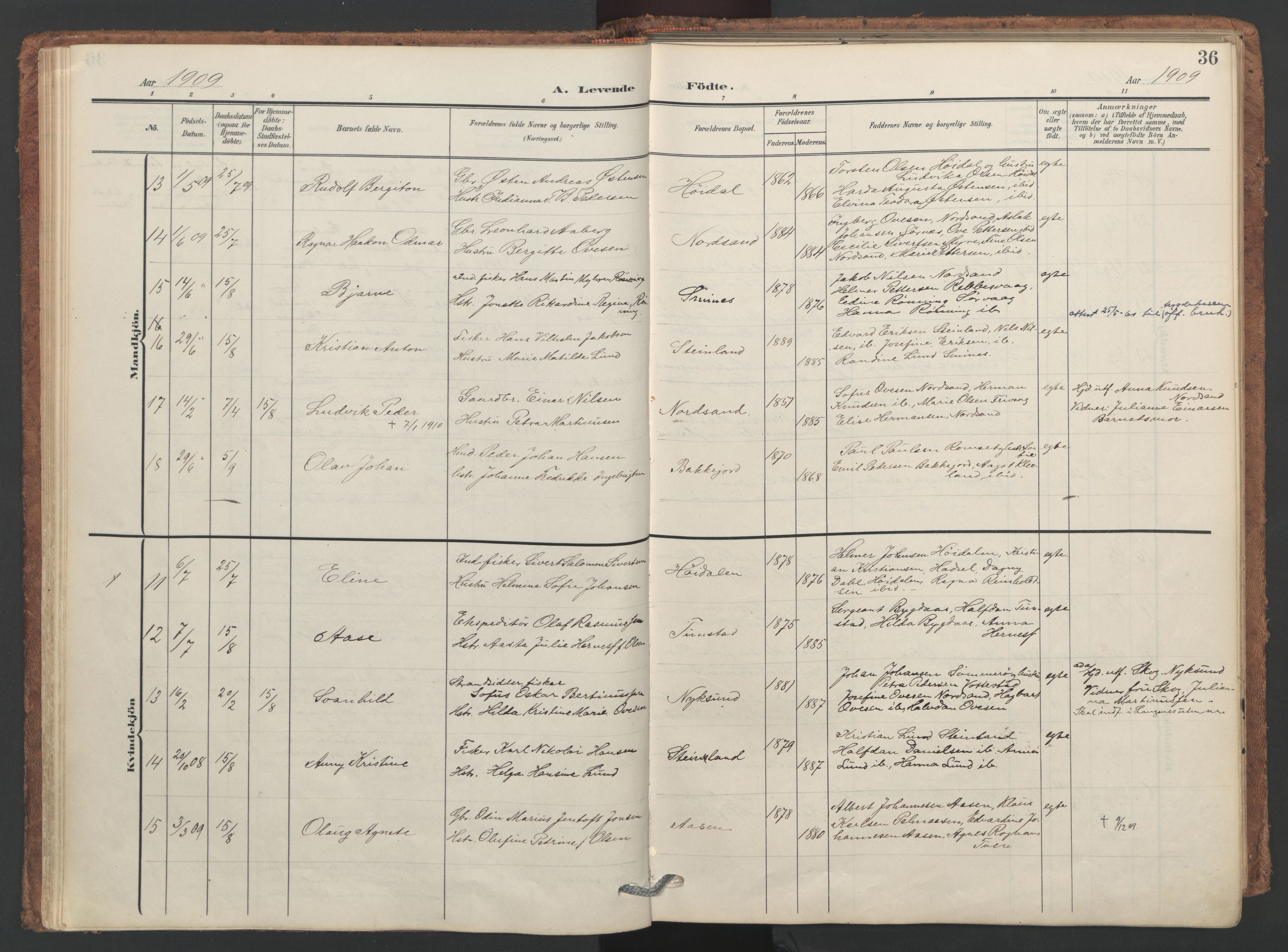 Ministerialprotokoller, klokkerbøker og fødselsregistre - Nordland, SAT/A-1459/893/L1339: Parish register (official) no. 893A11, 1904-1914, p. 36