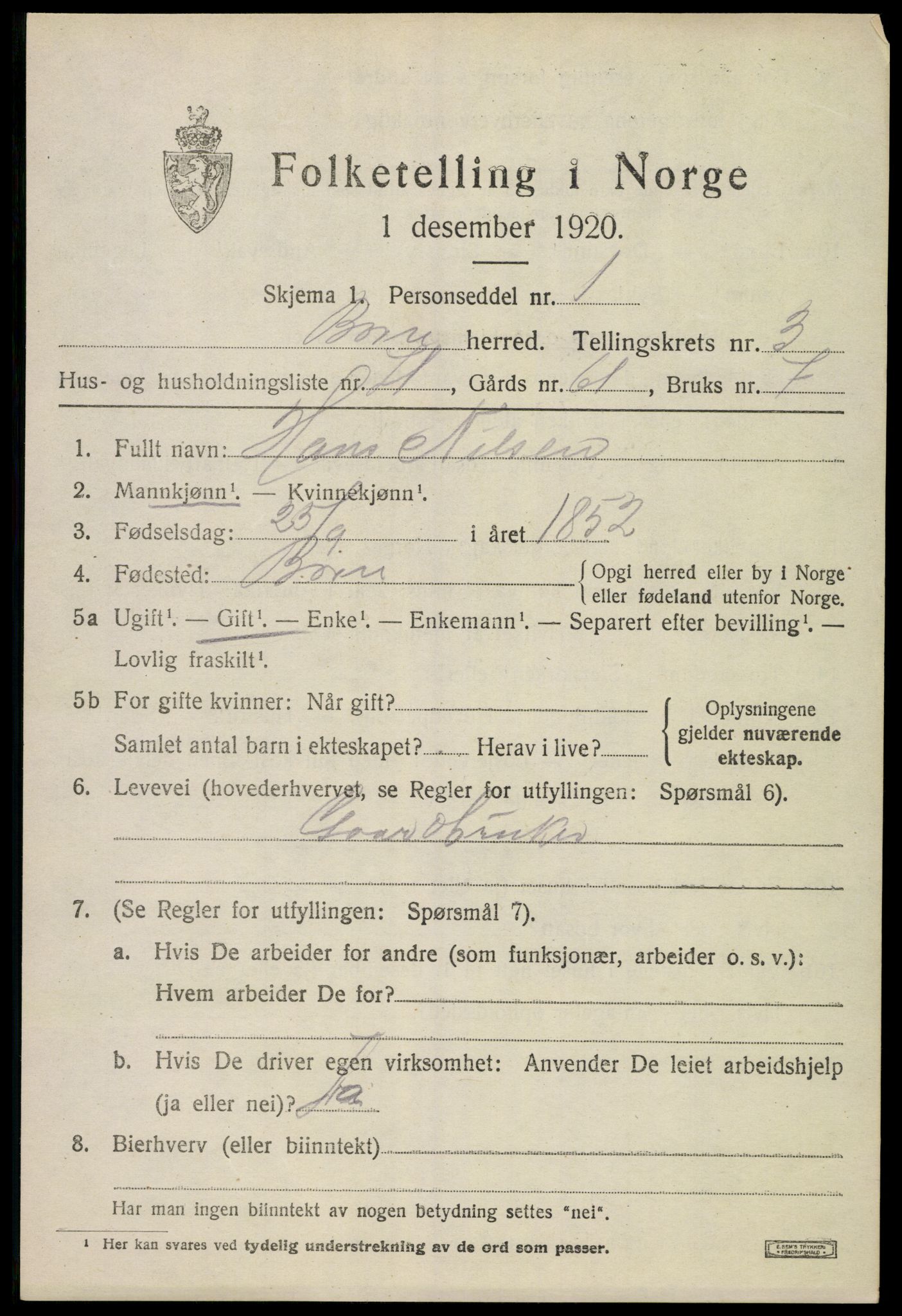 SAKO, 1920 census for Borre, 1920, p. 6932