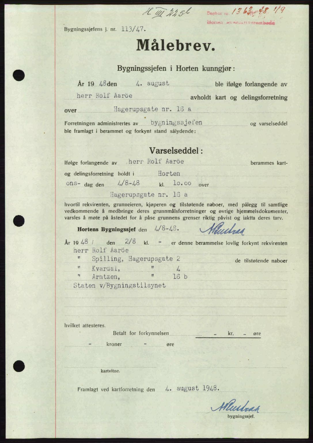 Horten sorenskriveri, AV/SAKO-A-133/G/Ga/Gaa/L0011: Mortgage book no. A-11, 1948-1948, Diary no: : 1363/1948