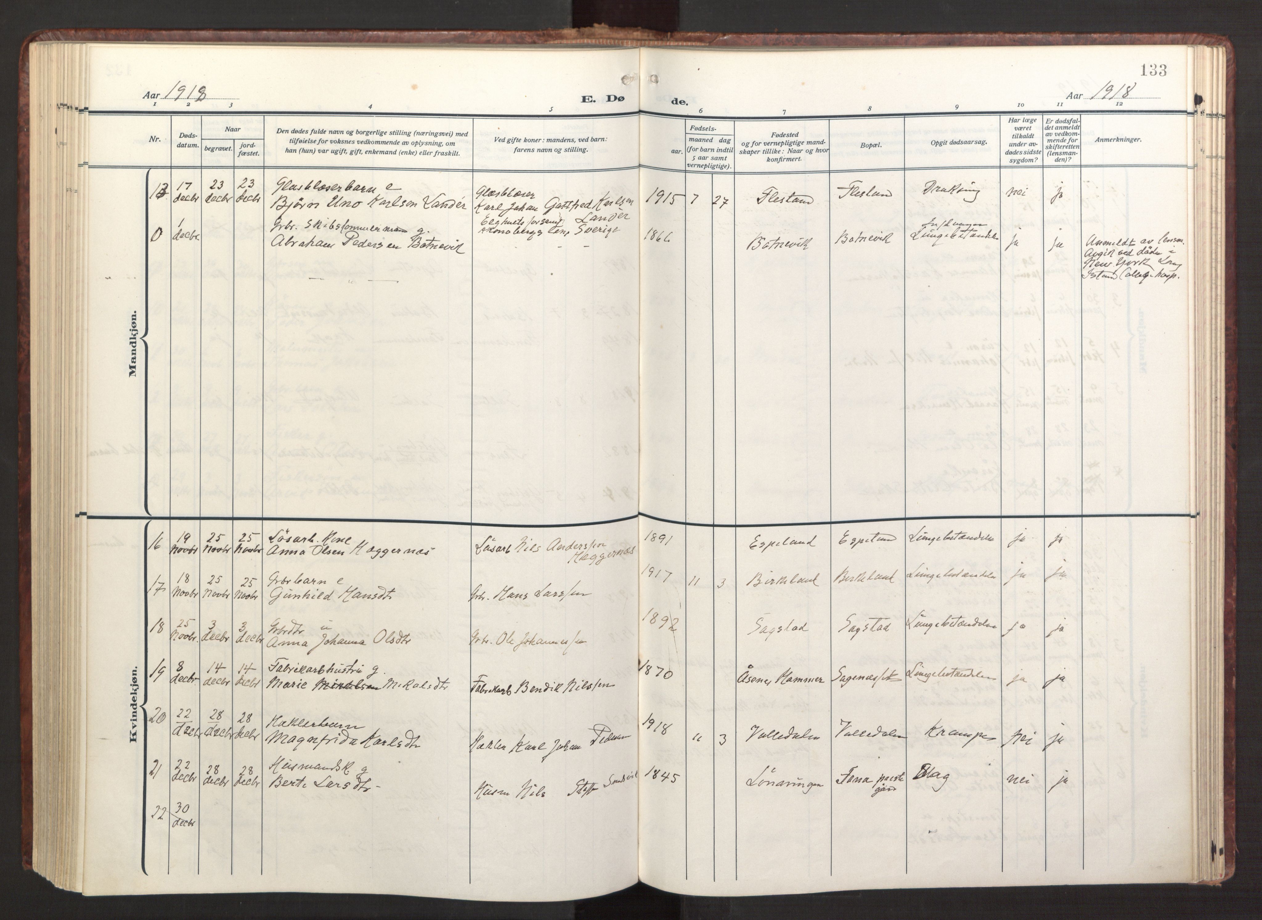 Fana Sokneprestembete, AV/SAB-A-75101/H/Haa/Haab/L0005: Parish register (official) no. B 5, 1915-1923, p. 133