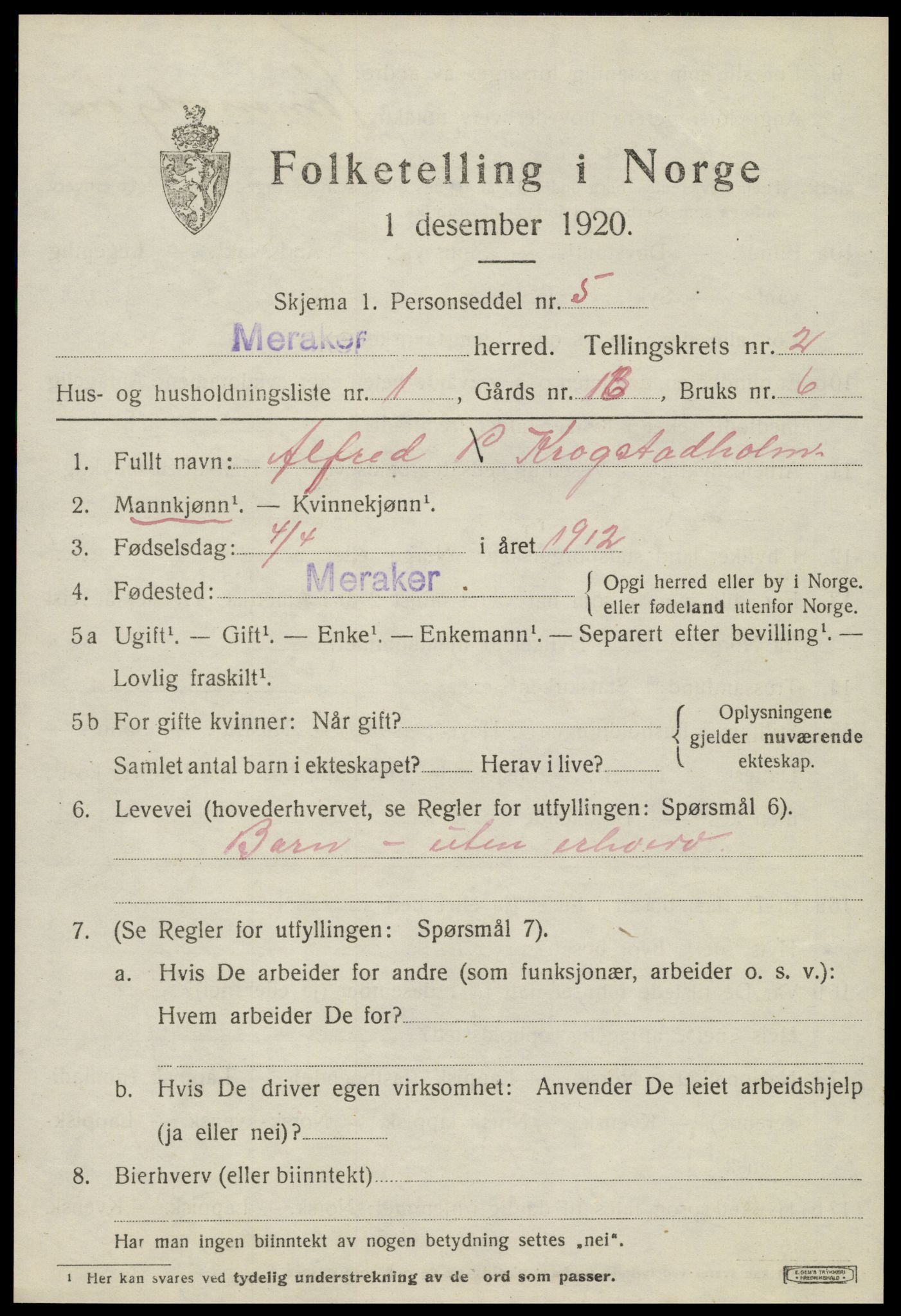 SAT, 1920 census for Meråker, 1920, p. 1742