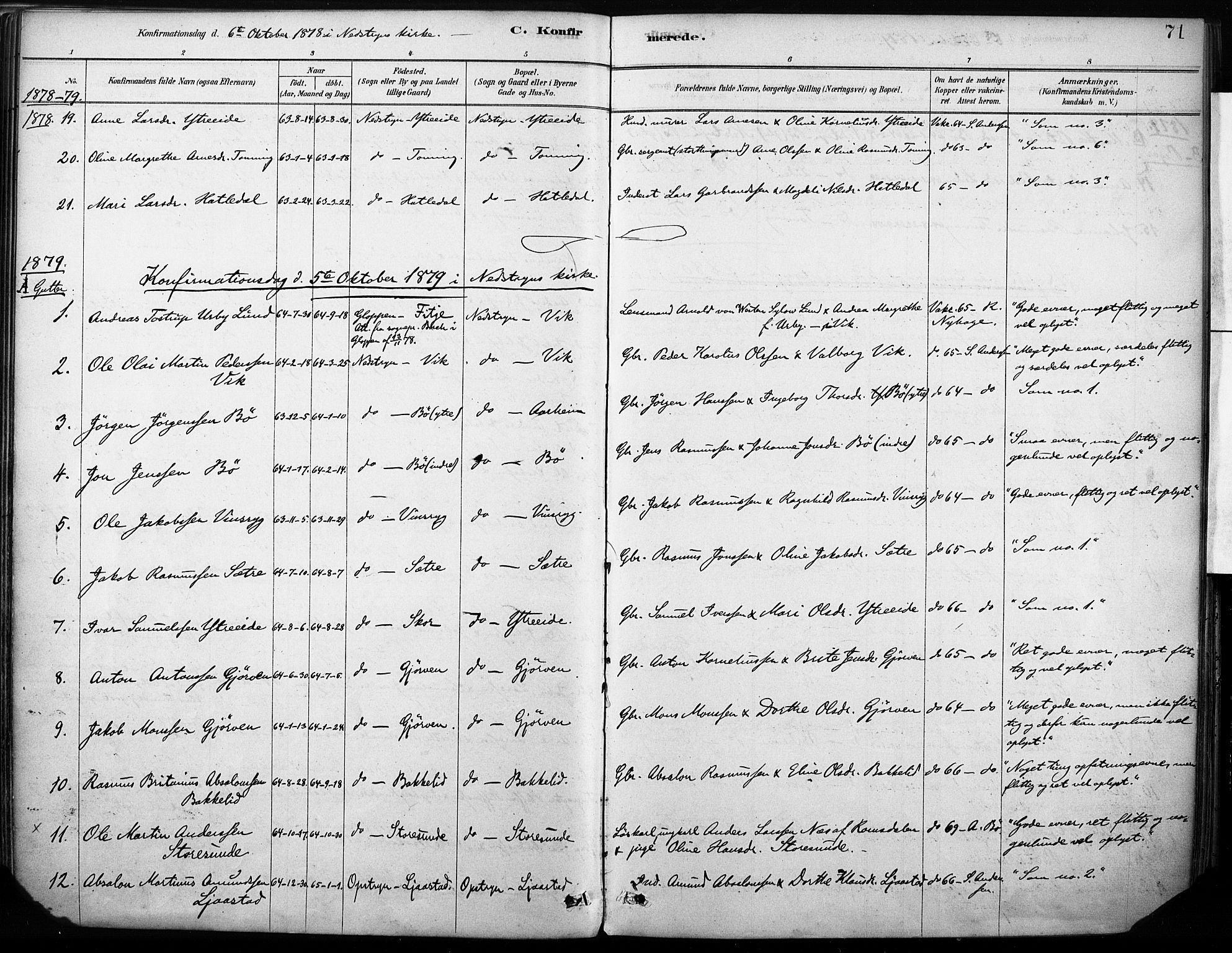 Stryn Sokneprestembete, AV/SAB-A-82501: Parish register (official) no. B 1, 1878-1907, p. 71