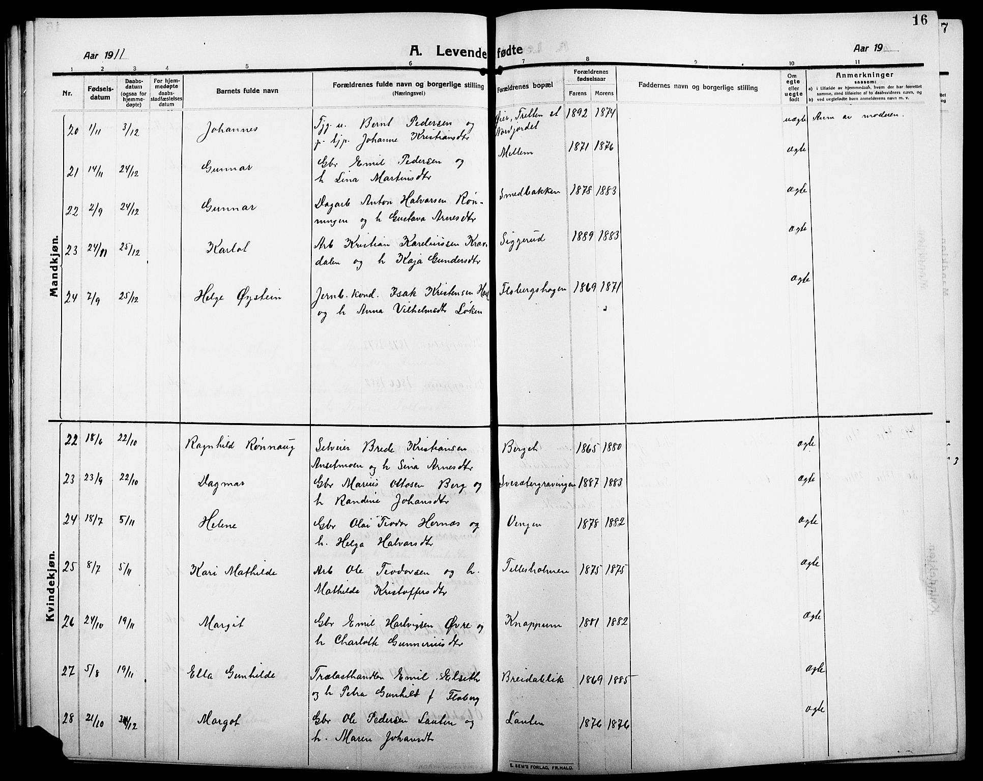 Åsnes prestekontor, AV/SAH-PREST-042/H/Ha/Hab/L0007: Parish register (copy) no. 7, 1909-1926, p. 16