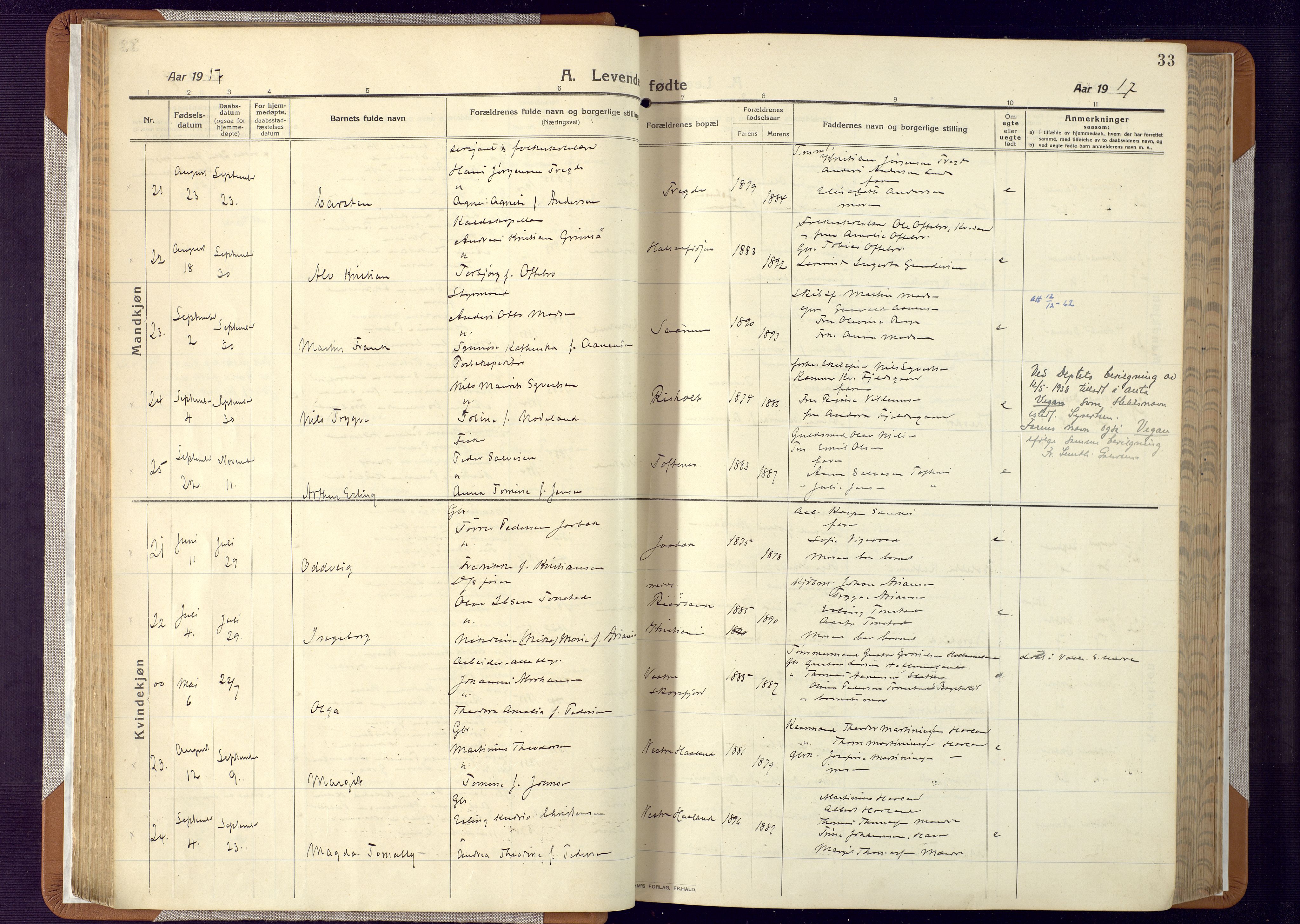 Mandal sokneprestkontor, AV/SAK-1111-0030/F/Fa/Faa/L0022: Parish register (official) no. A 22, 1913-1925, p. 33