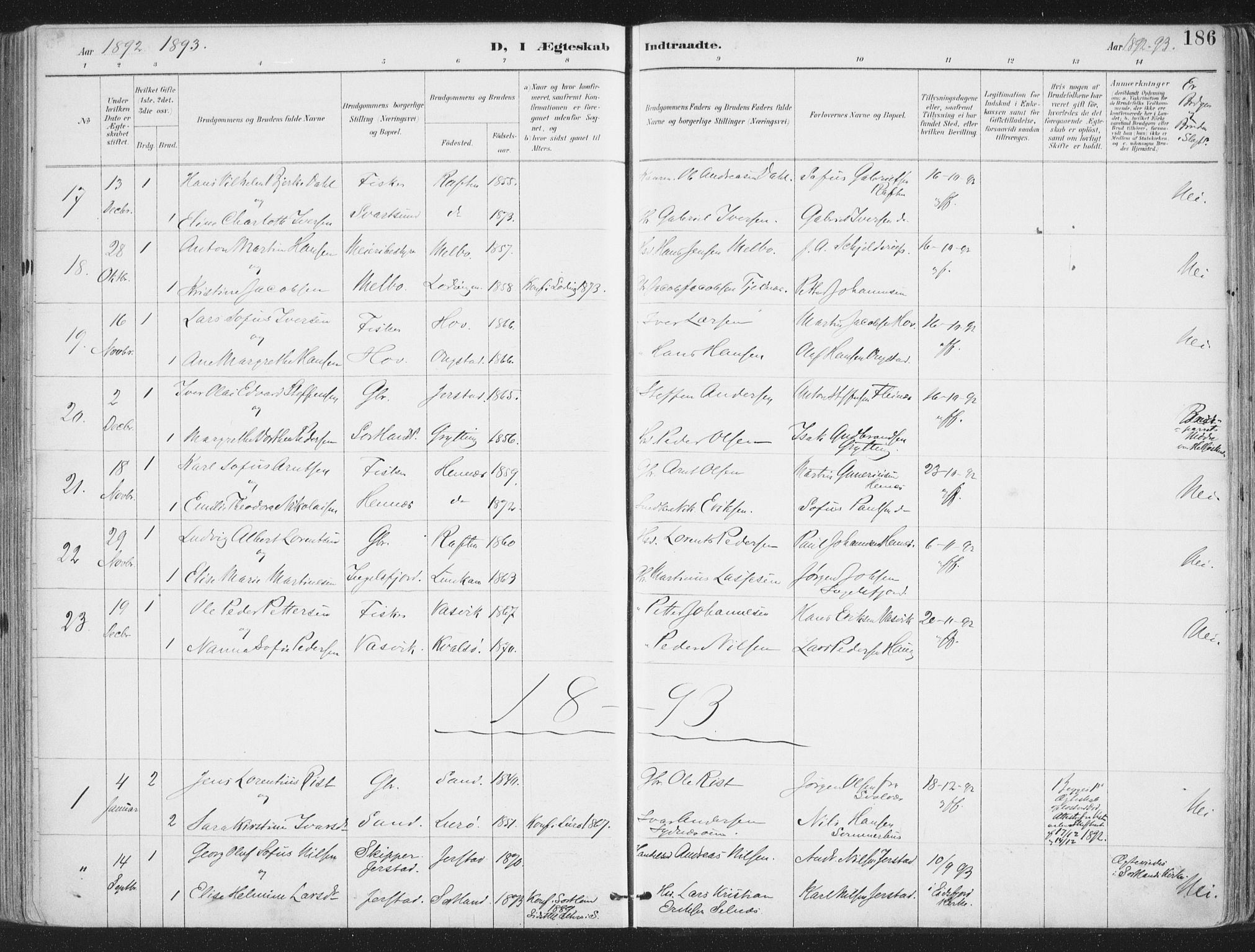 Ministerialprotokoller, klokkerbøker og fødselsregistre - Nordland, SAT/A-1459/888/L1246: Parish register (official) no. 888A12, 1891-1903, p. 186