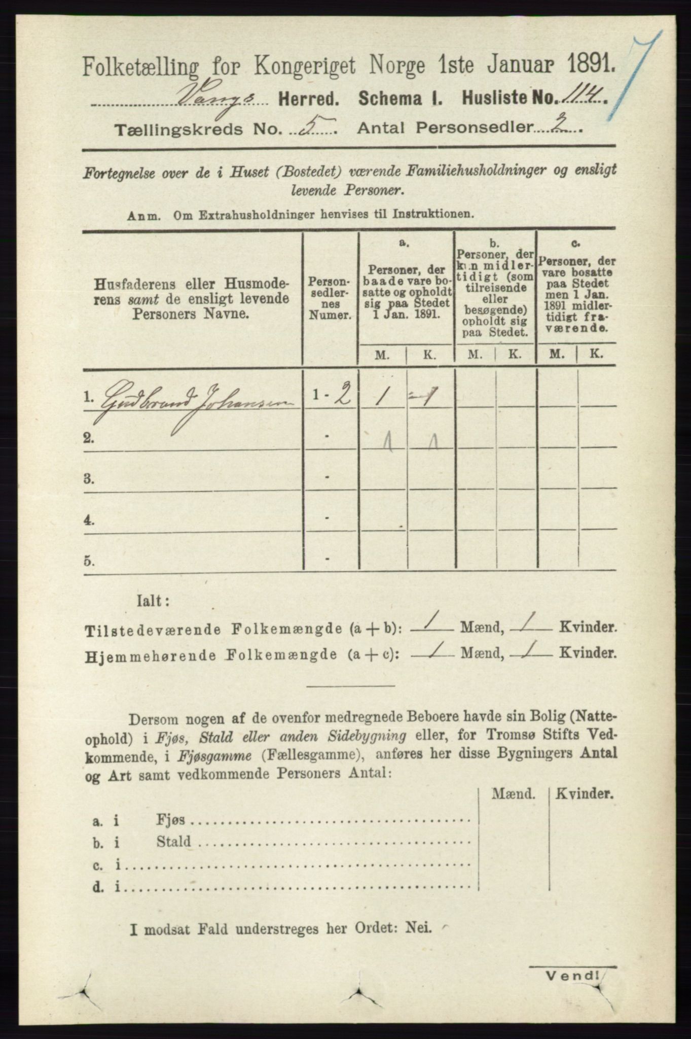 RA, 1891 census for 0414 Vang, 1891, p. 3498