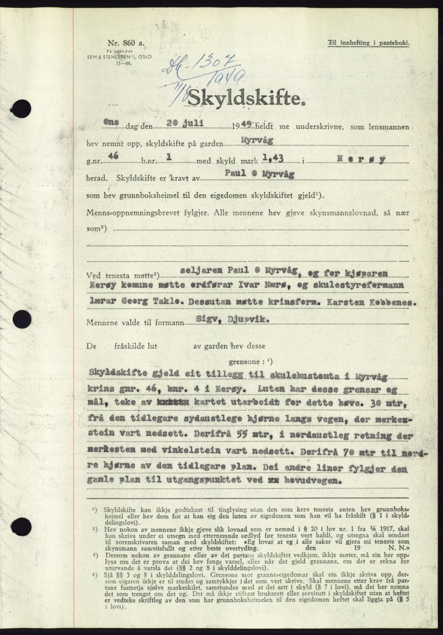 Søre Sunnmøre sorenskriveri, AV/SAT-A-4122/1/2/2C/L0084: Mortgage book no. 10A, 1949-1949, Diary no: : 1307/1949