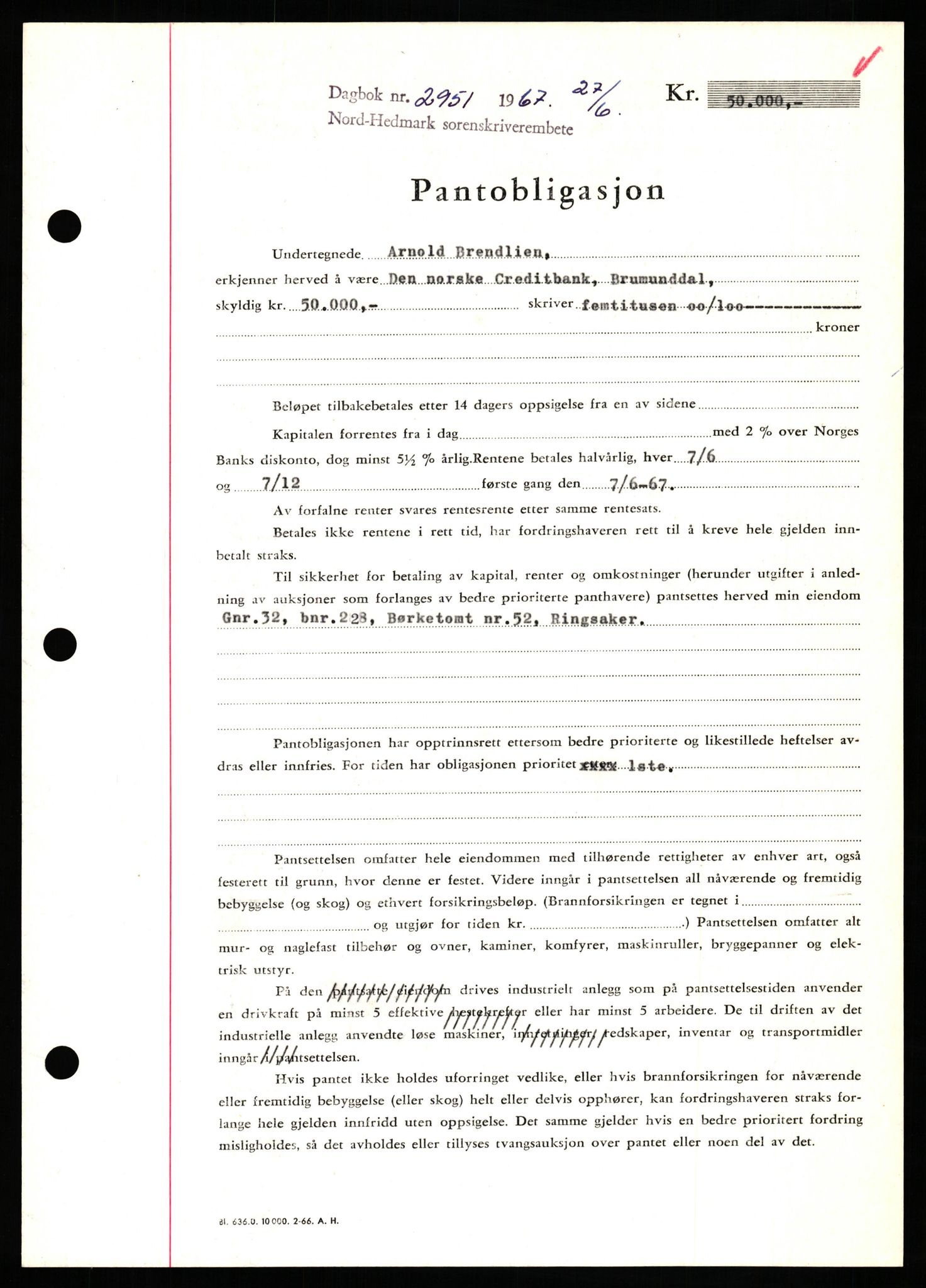 Nord-Hedmark sorenskriveri, SAH/TING-012/H/Hb/Hbf/L0071: Mortgage book no. B71, 1967-1967, Diary no: : 2951/1967