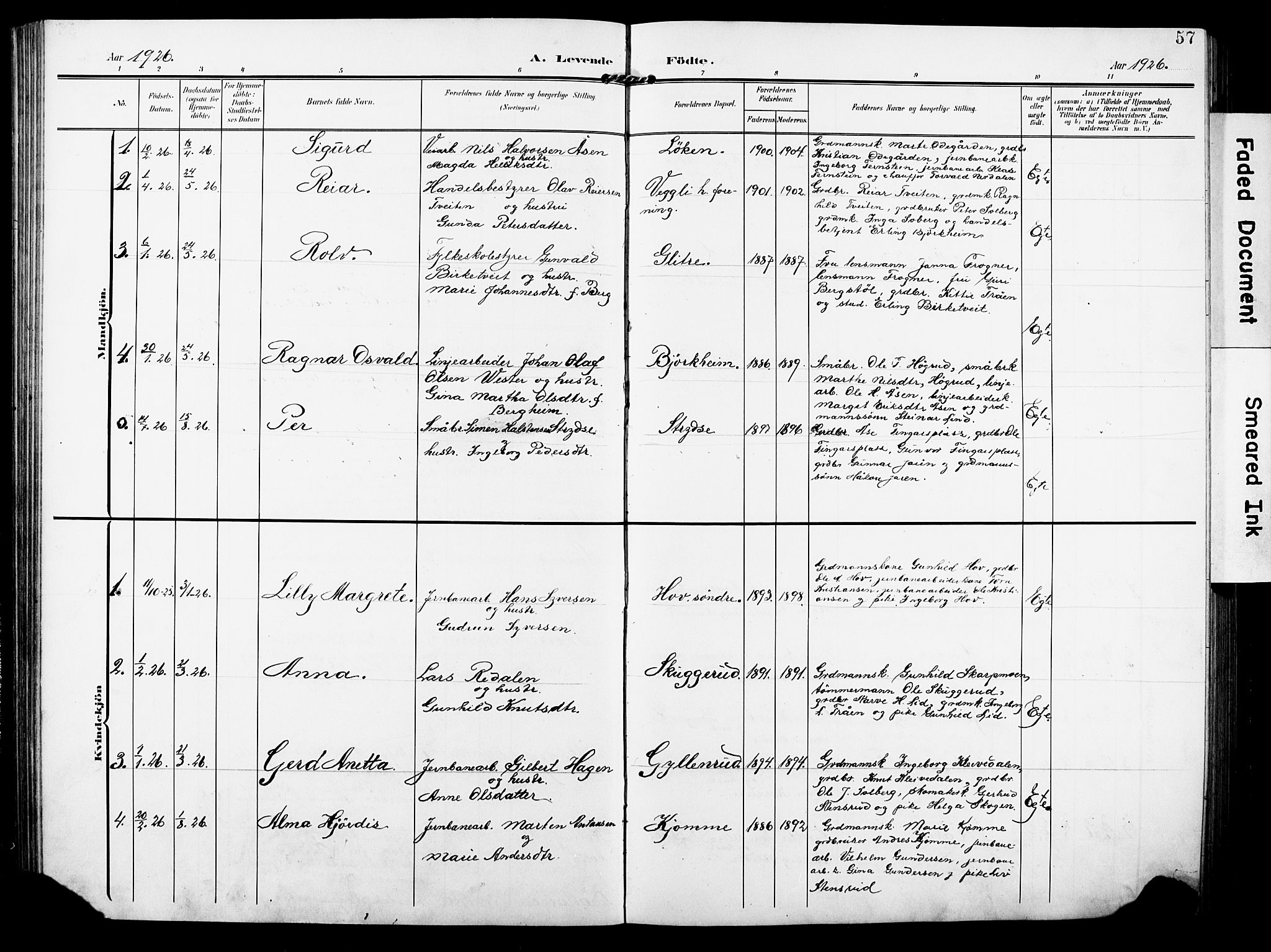 Rollag kirkebøker, AV/SAKO-A-240/G/Ga/L0005: Parish register (copy) no. I 5, 1904-1932, p. 57