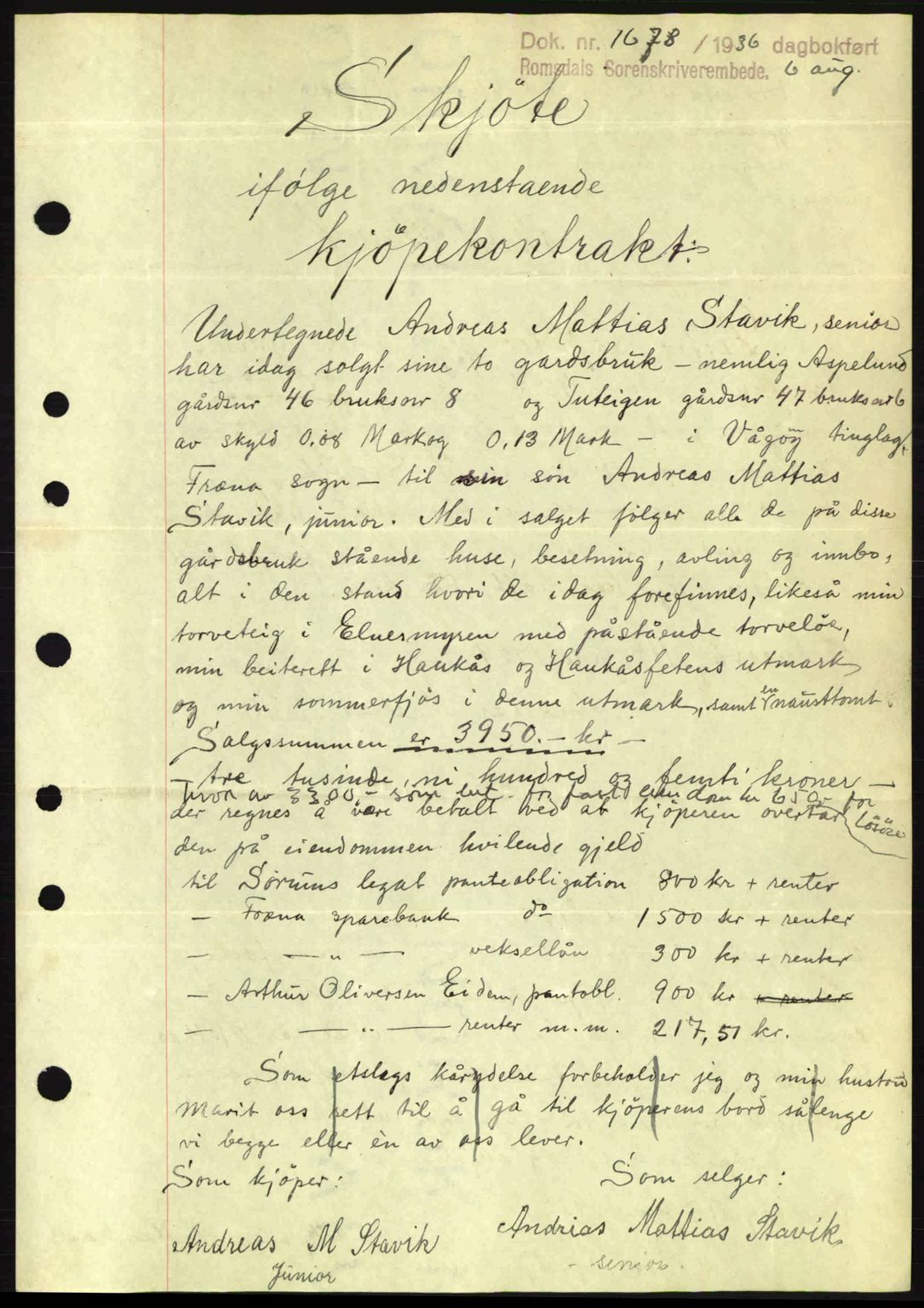 Romsdal sorenskriveri, AV/SAT-A-4149/1/2/2C: Mortgage book no. A1, 1936-1936, Diary no: : 1678/1936