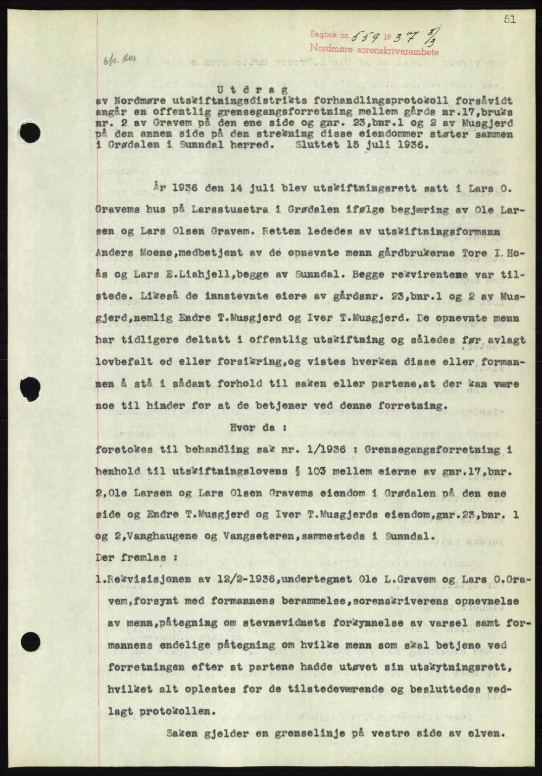 Nordmøre sorenskriveri, AV/SAT-A-4132/1/2/2Ca: Mortgage book no. A81, 1937-1937, Diary no: : 559/1937