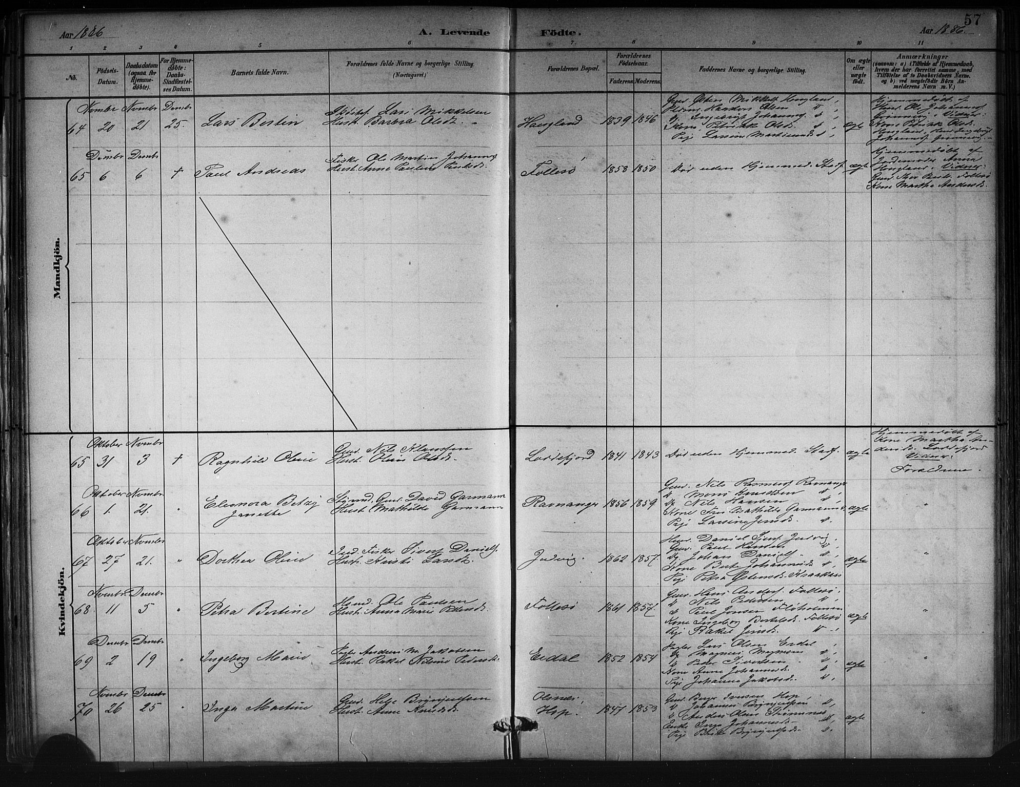 Askøy Sokneprestembete, SAB/A-74101/H/Ha/Hab/Haba/L0008: Parish register (copy) no. A 8, 1882-1893, p. 57