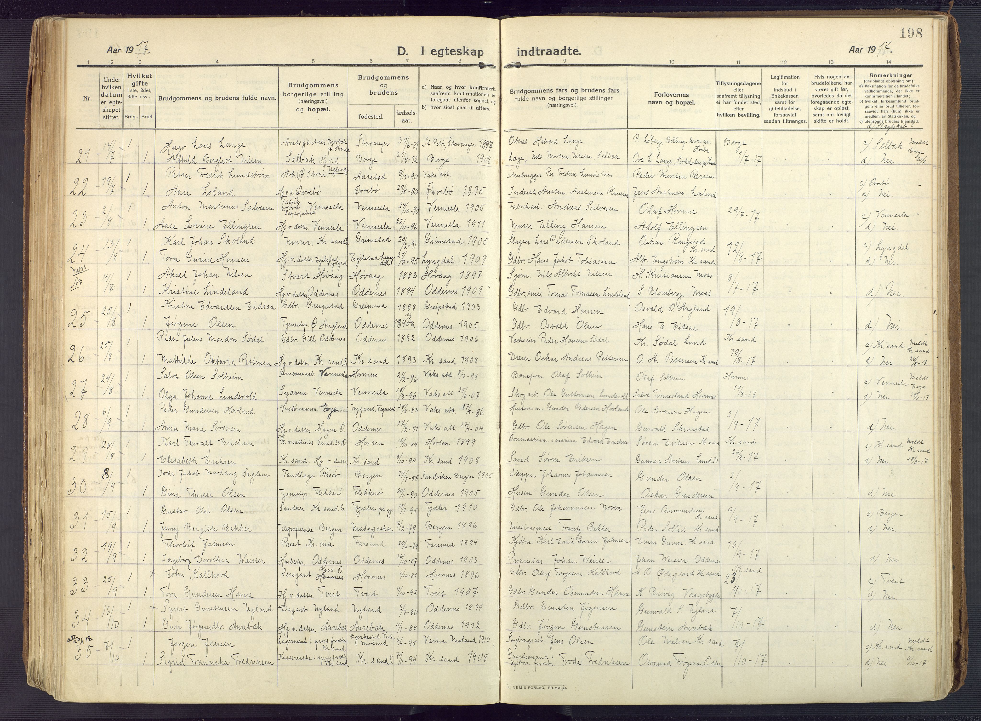 Oddernes sokneprestkontor, AV/SAK-1111-0033/F/Fa/Faa/L0012: Parish register (official) no. A 12, 1912-1925, p. 198