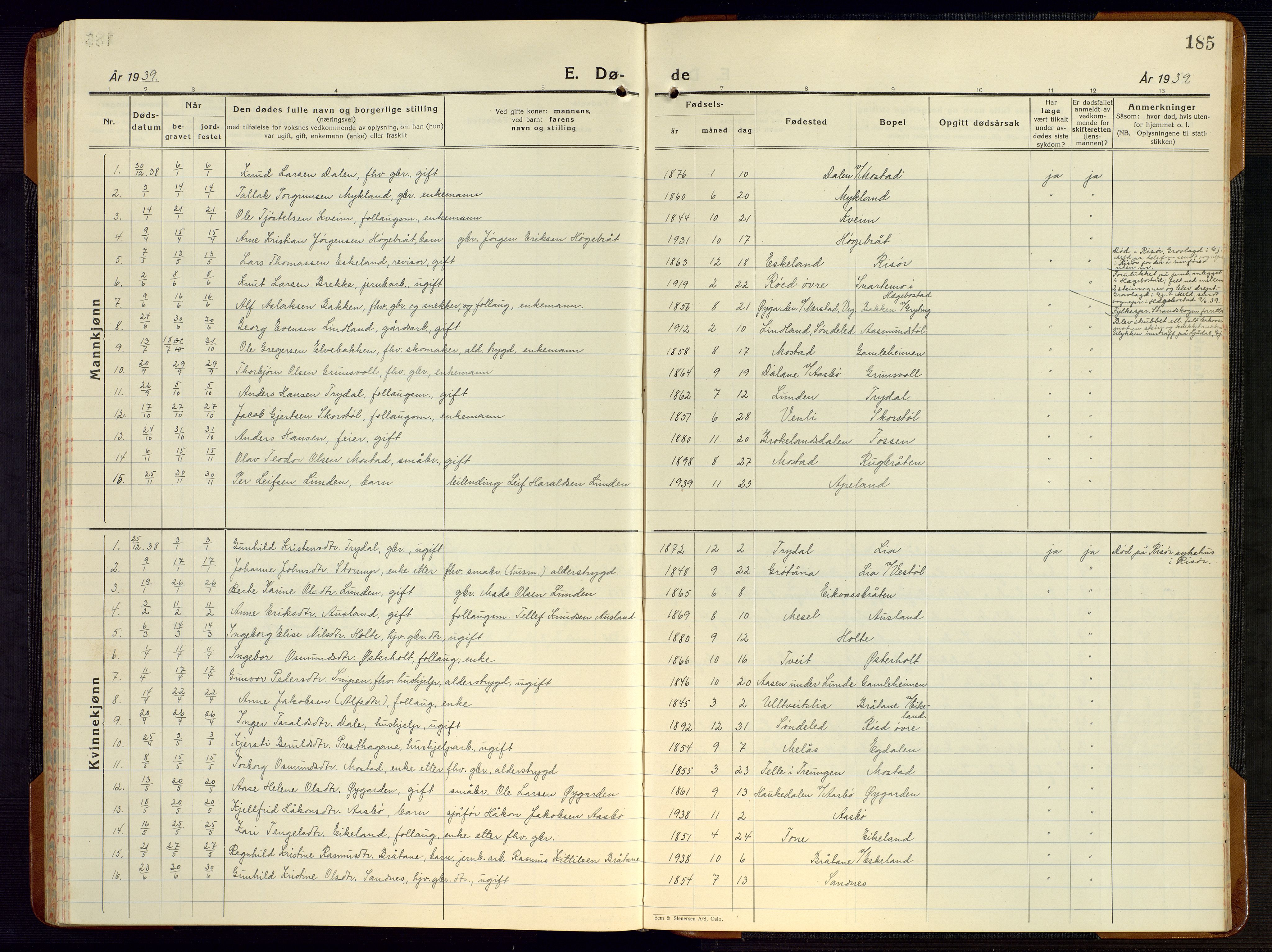 Gjerstad sokneprestkontor, AV/SAK-1111-0014/F/Fb/Fba/L0009: Parish register (copy) no. B 9, 1925-1946, p. 185