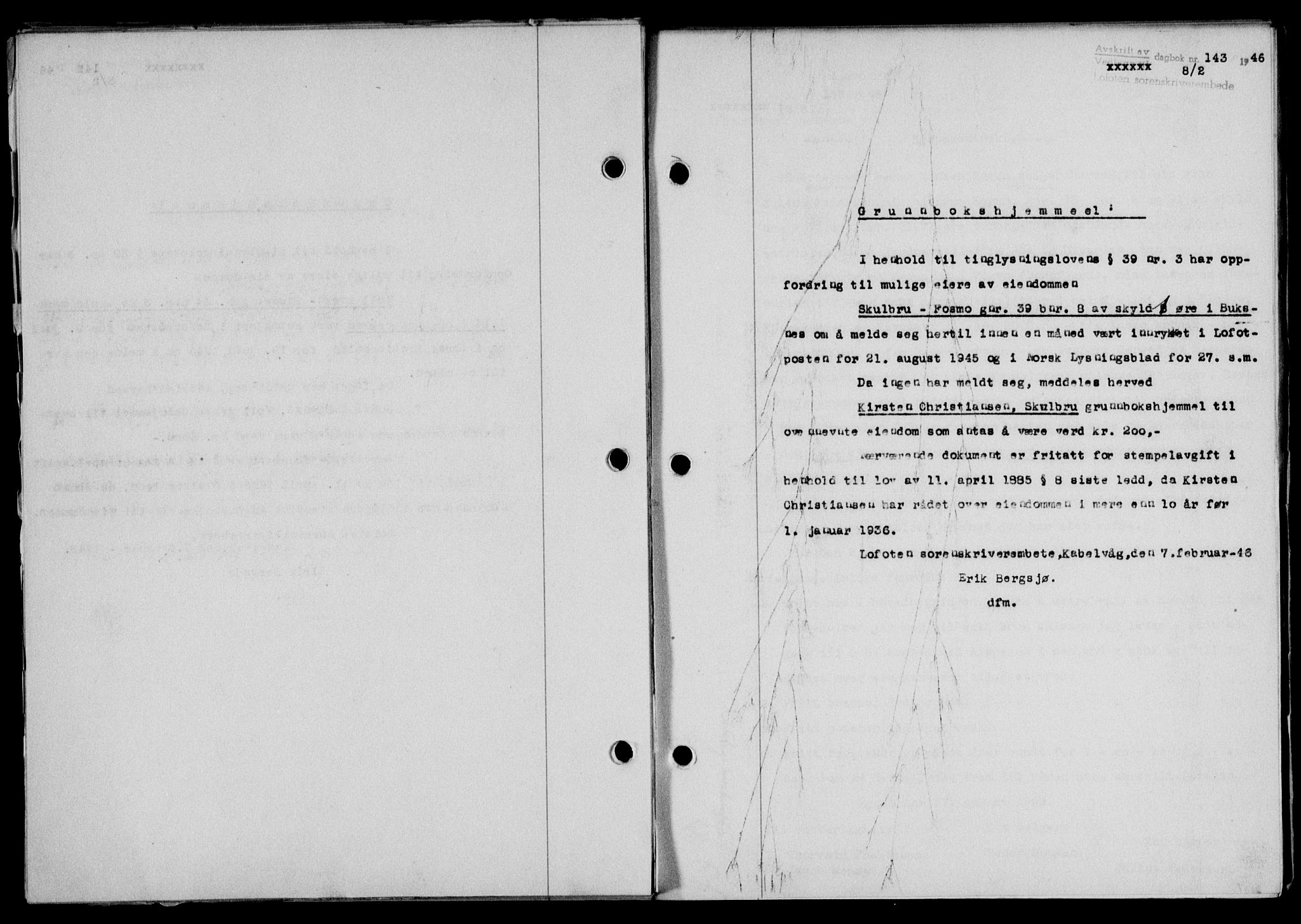 Lofoten sorenskriveri, SAT/A-0017/1/2/2C/L0013a: Mortgage book no. 13a, 1944-1946, Diary no: : 143/1946
