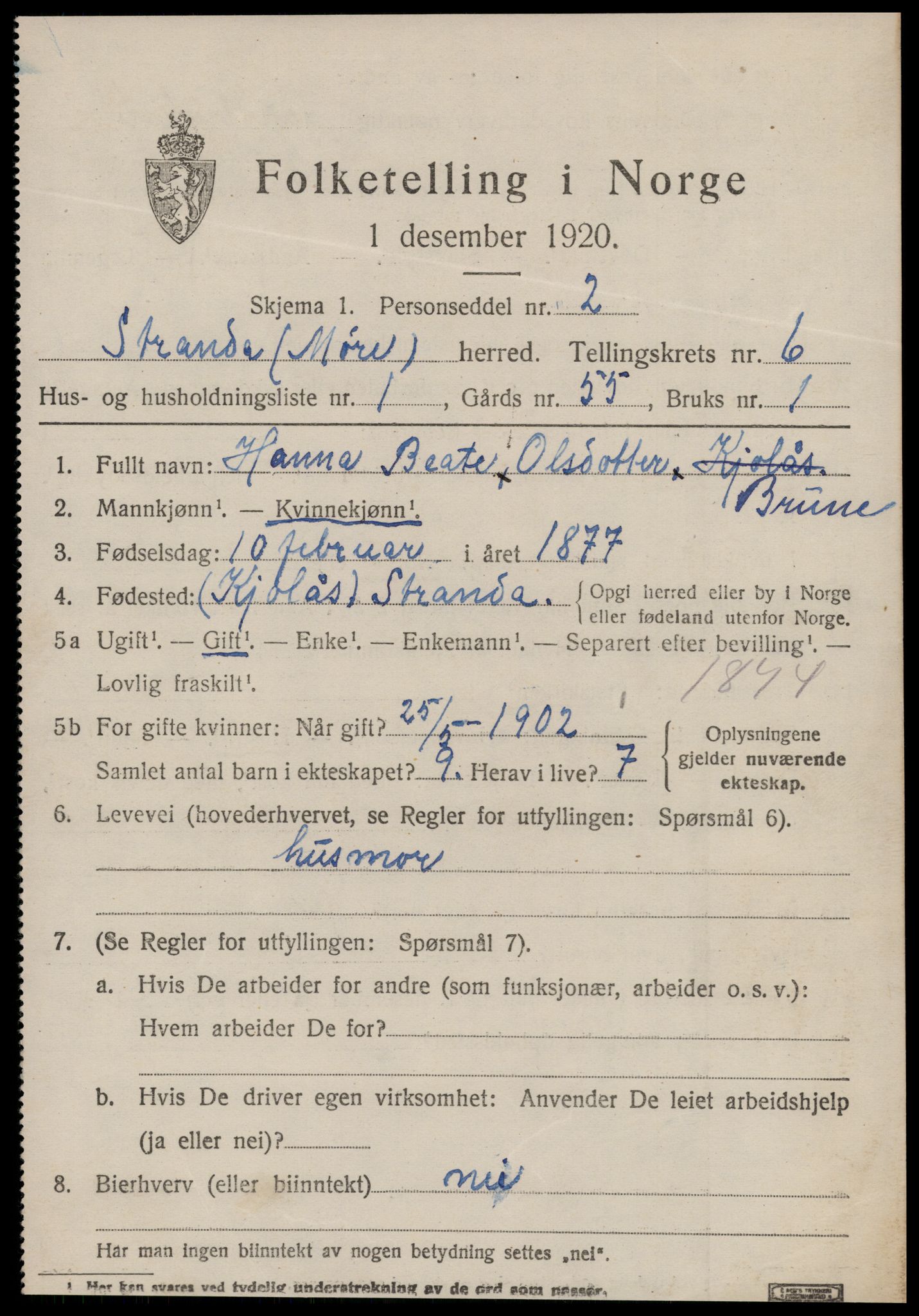 SAT, 1920 census for Stranda, 1920, p. 3573