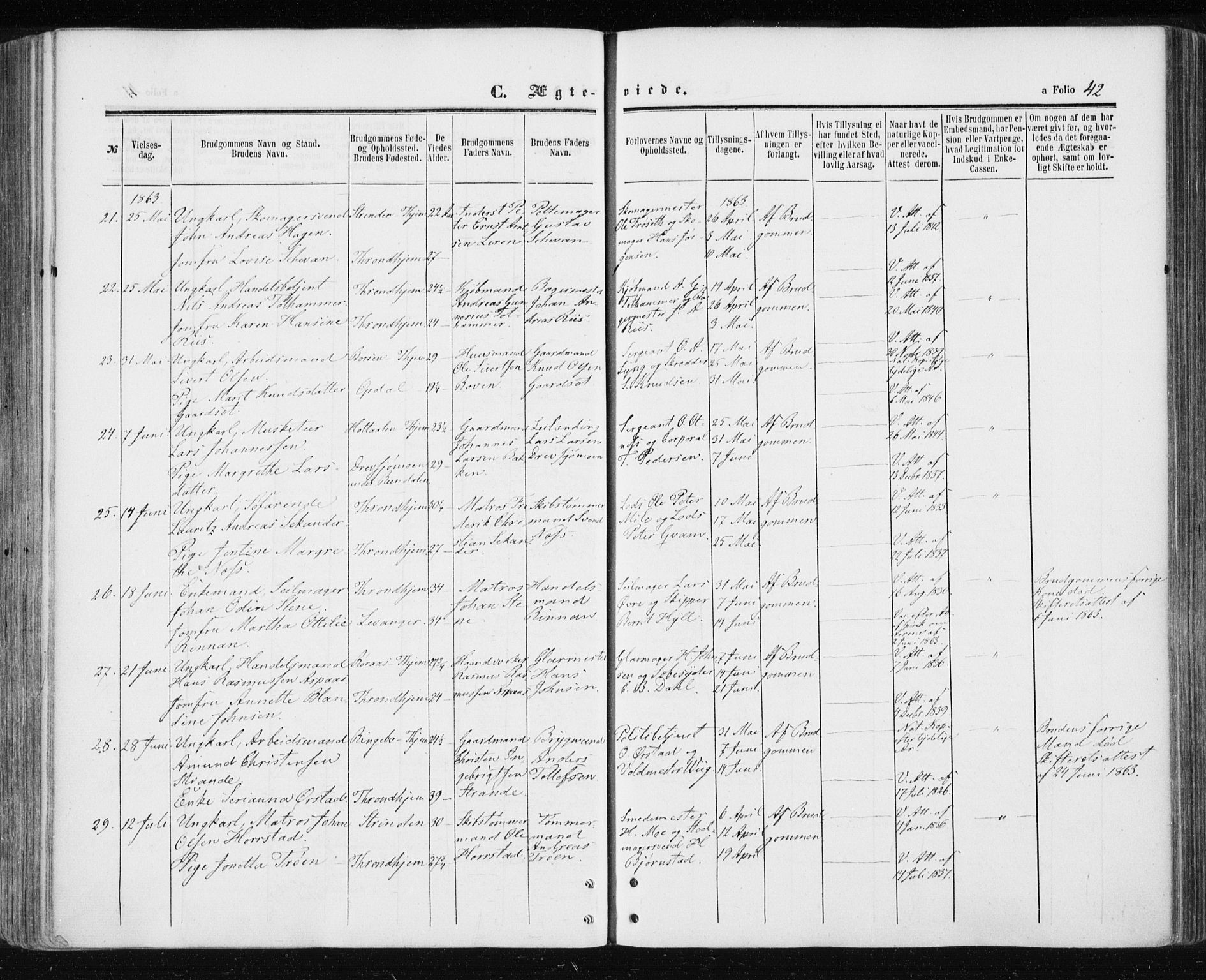 Ministerialprotokoller, klokkerbøker og fødselsregistre - Sør-Trøndelag, AV/SAT-A-1456/601/L0053: Parish register (official) no. 601A21, 1857-1865, p. 42