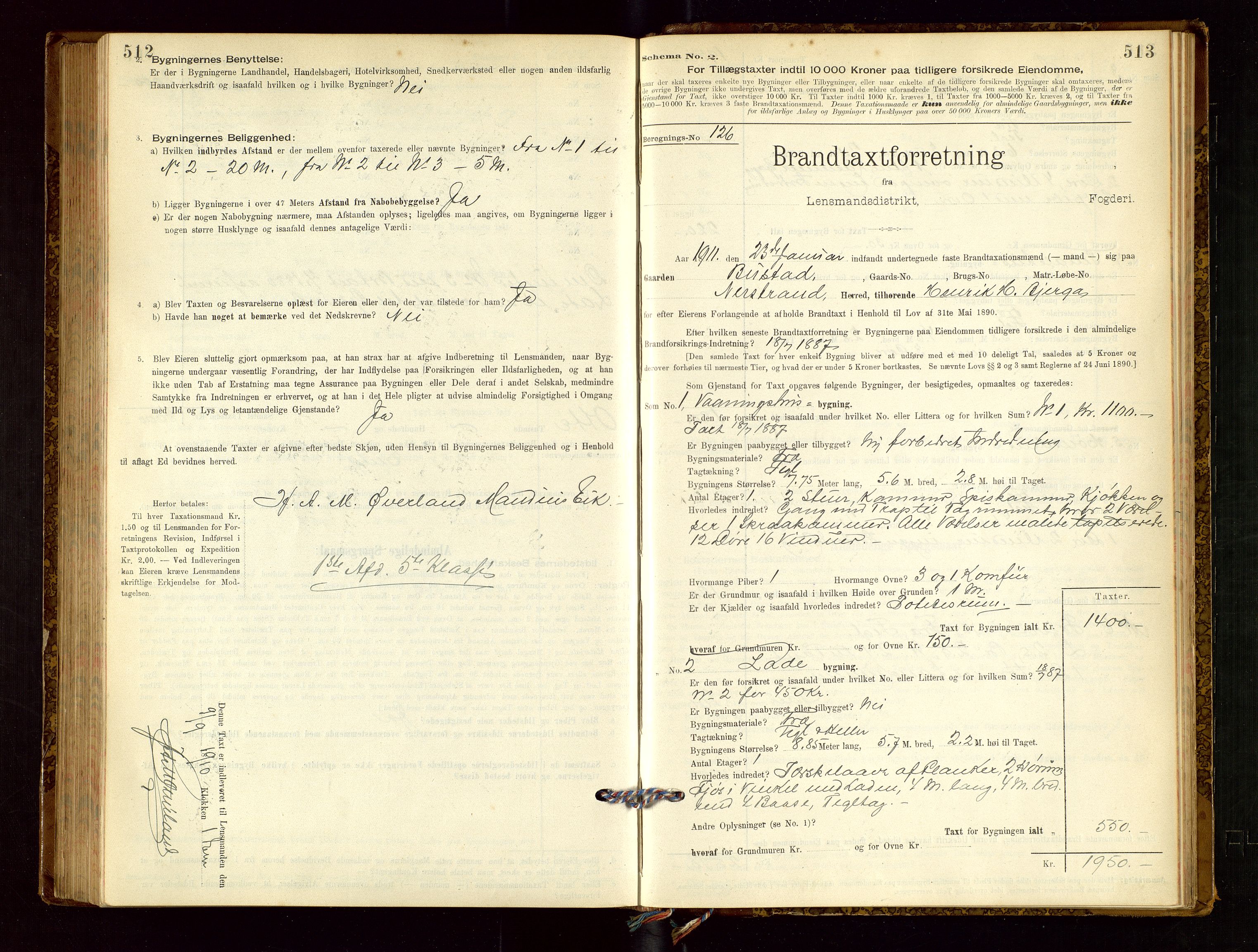 Nedstrand lensmannskontor, SAST/A-100236/Gob/L0001: "Brandtaxationsprotokol for Nerstrand Lensmandsdistrikt Ryfylke fogderi", 1895-1915, p. 512-513
