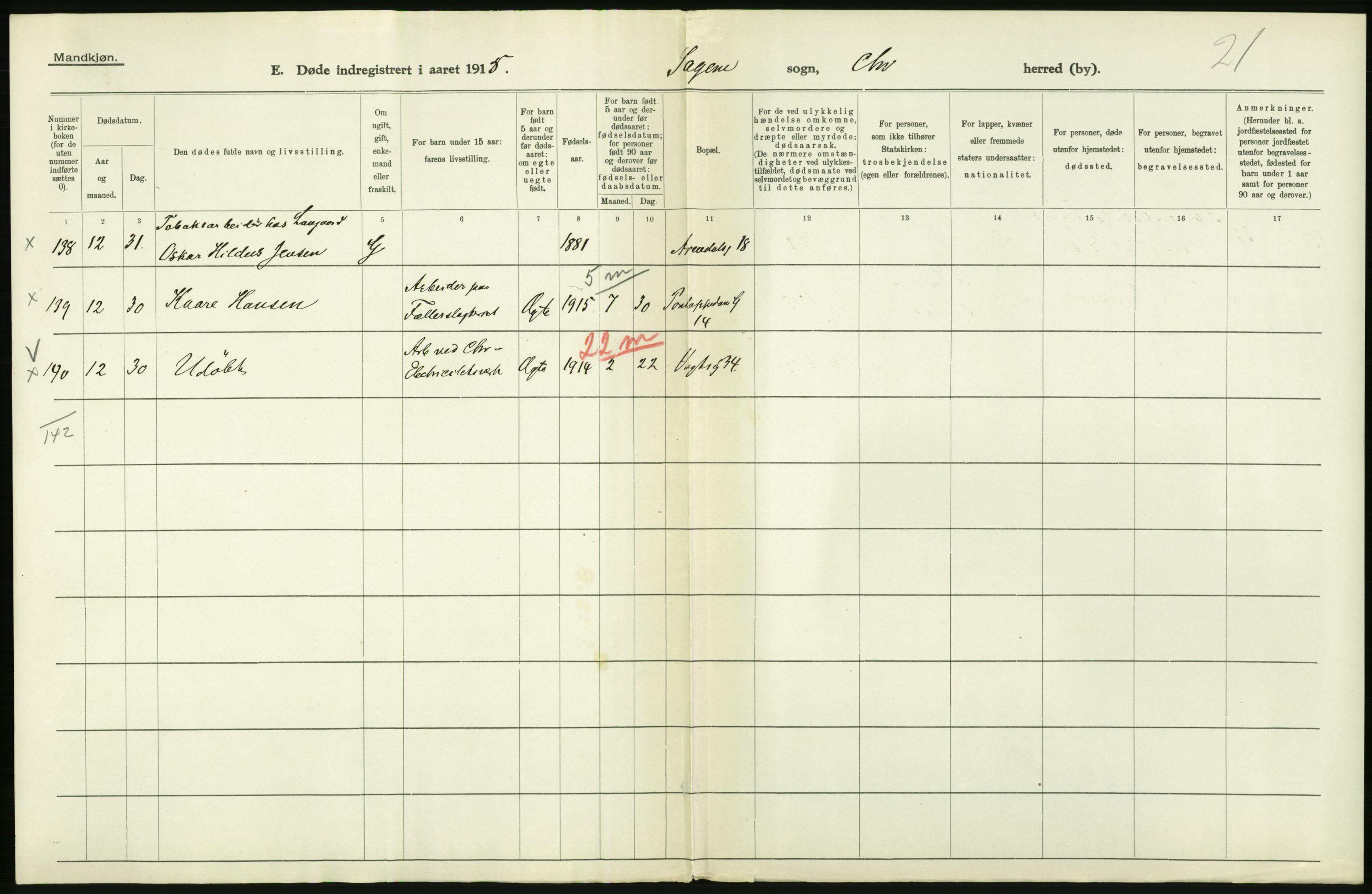 Statistisk sentralbyrå, Sosiodemografiske emner, Befolkning, AV/RA-S-2228/D/Df/Dfb/Dfbe/L0009: Kristiania: Døde., 1915, p. 2