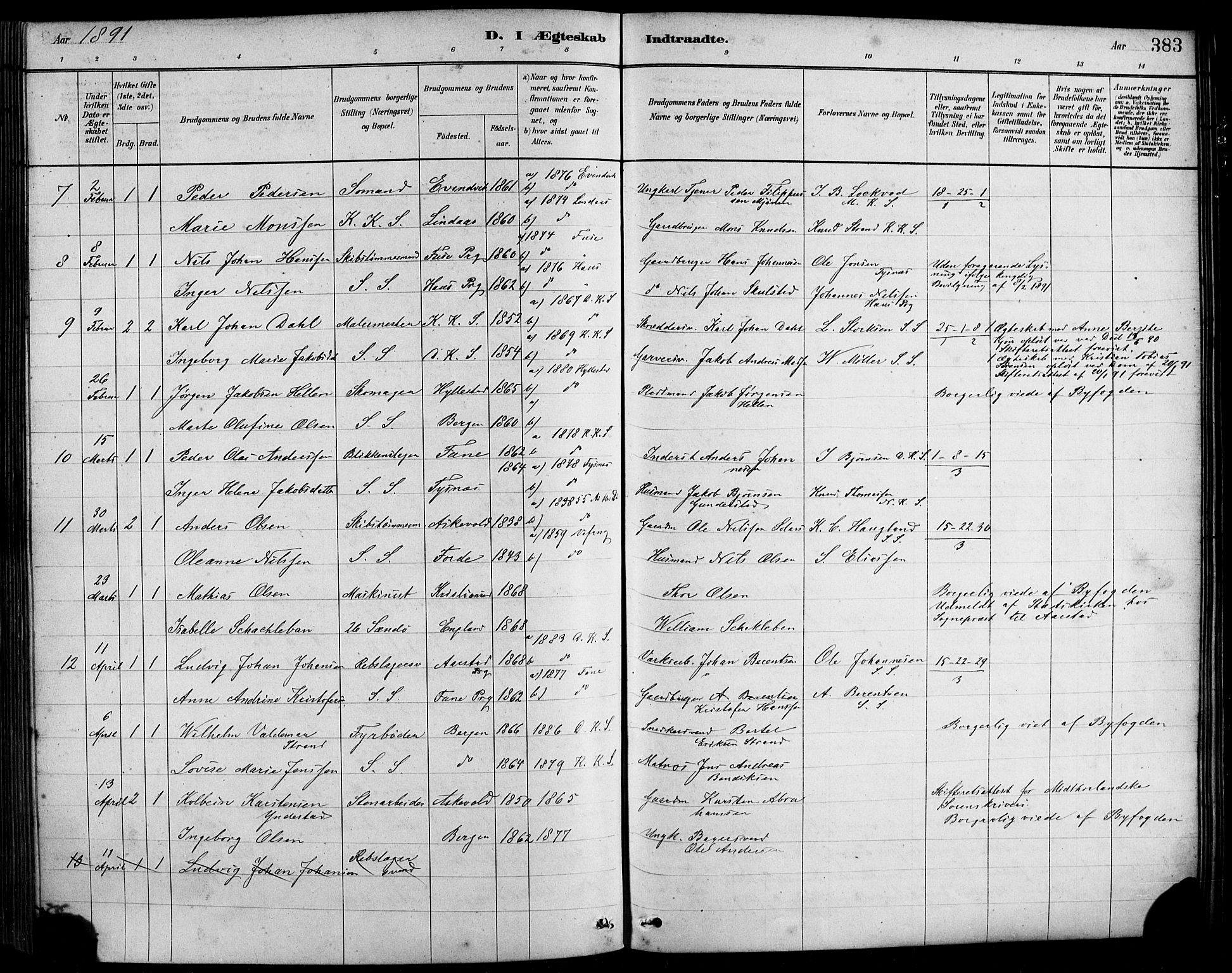 Sandviken Sokneprestembete, SAB/A-77601/H/Hb/L0001: Parish register (copy) no. A 2, 1879-1892, p. 383