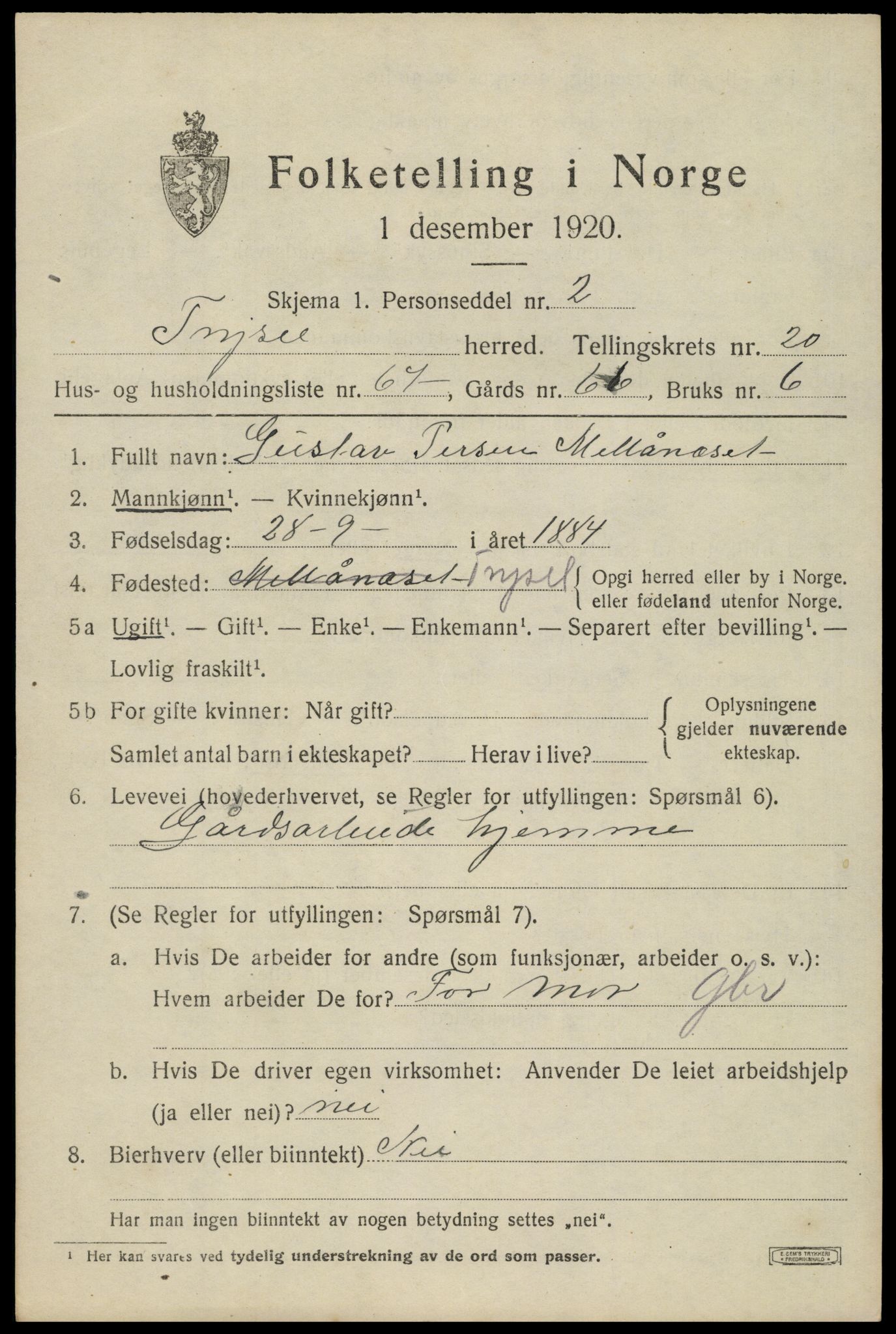 SAH, 1920 census for Trysil, 1920, p. 13765