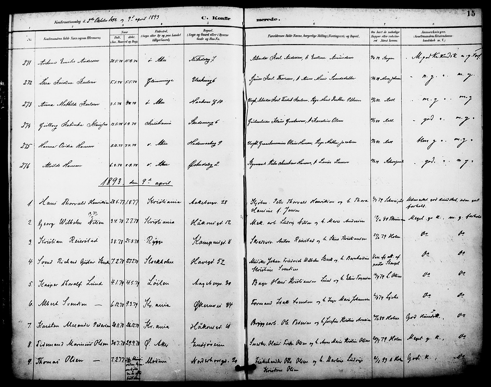 Kampen prestekontor Kirkebøker, SAO/A-10853/F/Fa/L0008: Parish register (official) no. I 8, 1892-1902, p. 15