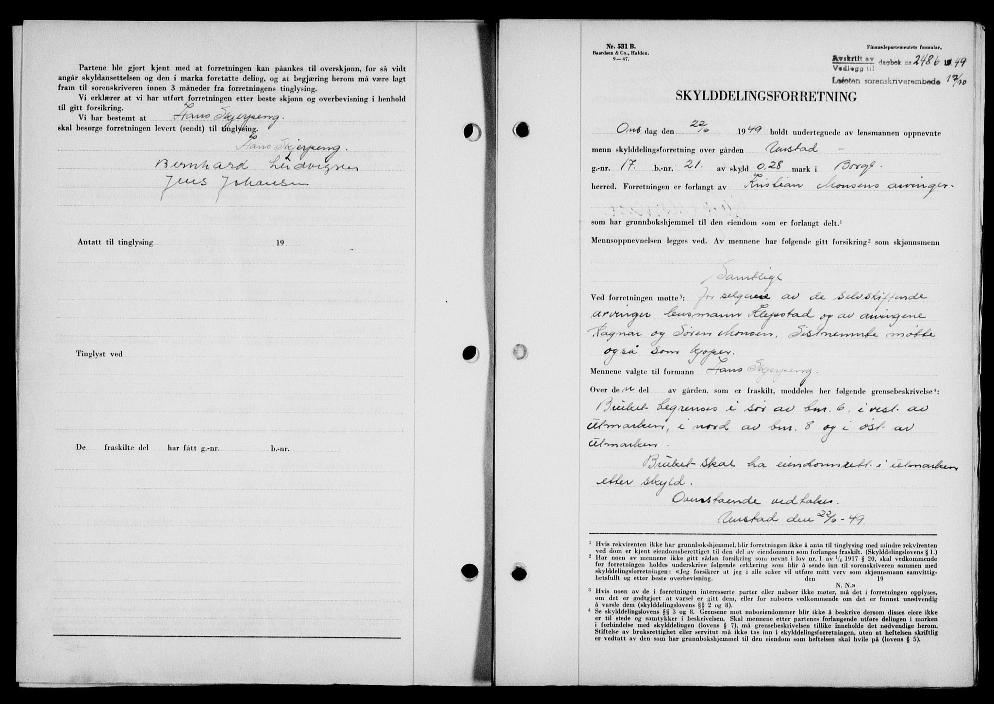 Lofoten sorenskriveri, SAT/A-0017/1/2/2C/L0022a: Mortgage book no. 22a, 1949-1950, Diary no: : 2486/1949