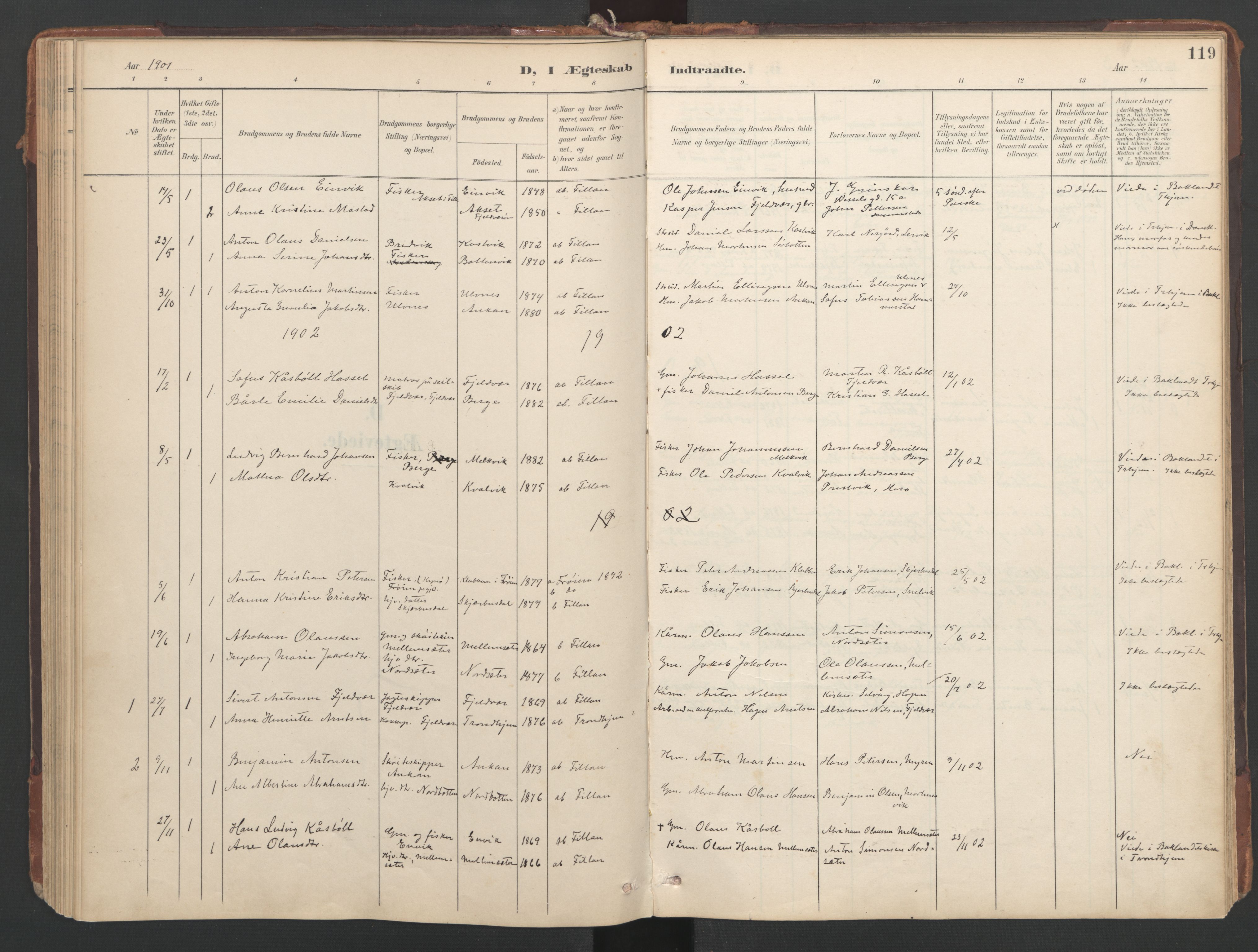 Ministerialprotokoller, klokkerbøker og fødselsregistre - Sør-Trøndelag, SAT/A-1456/638/L0568: Parish register (official) no. 638A01, 1901-1916, p. 119