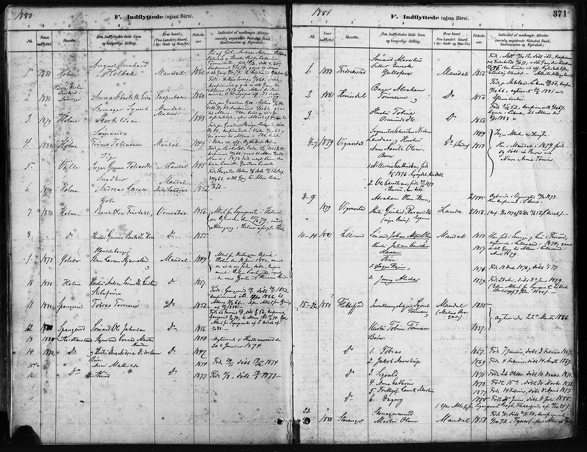 Mandal sokneprestkontor, SAK/1111-0030/F/Fa/Faa/L0016: Parish register (official) no. A 16, 1880-1890, p. 371