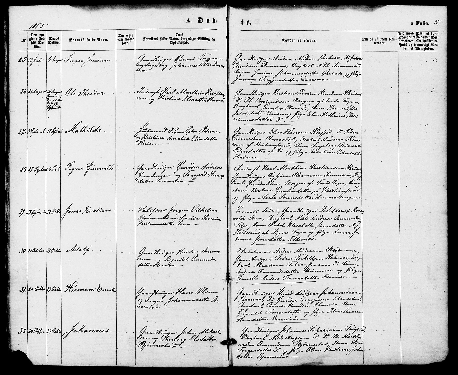 Oddernes sokneprestkontor, AV/SAK-1111-0033/F/Fa/Fab/L0001: Parish register (official) no. A 1, 1865-1884, p. 5