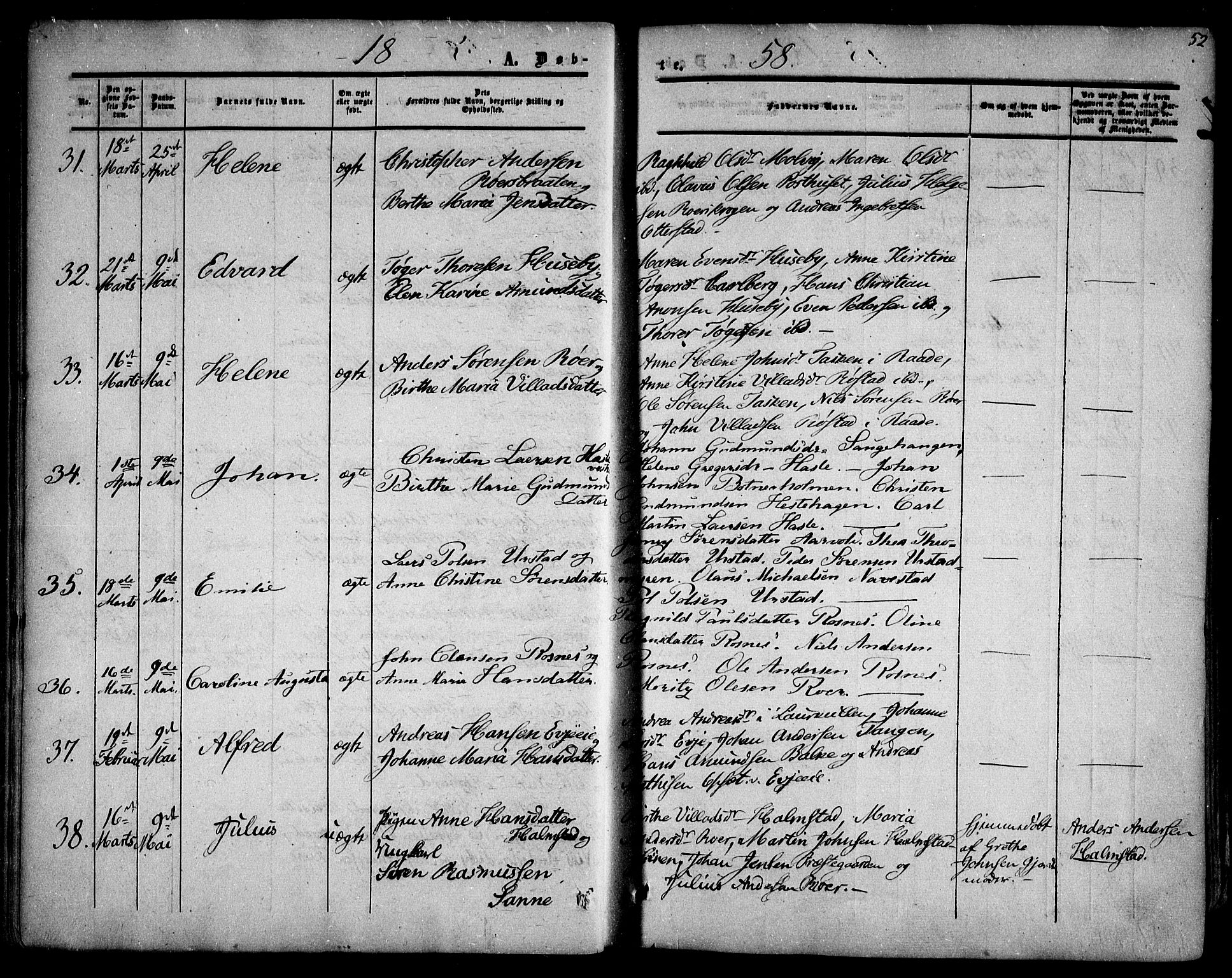 Rygge prestekontor Kirkebøker, AV/SAO-A-10084b/F/Fa/L0005: Parish register (official) no. 5, 1852-1871, p. 52