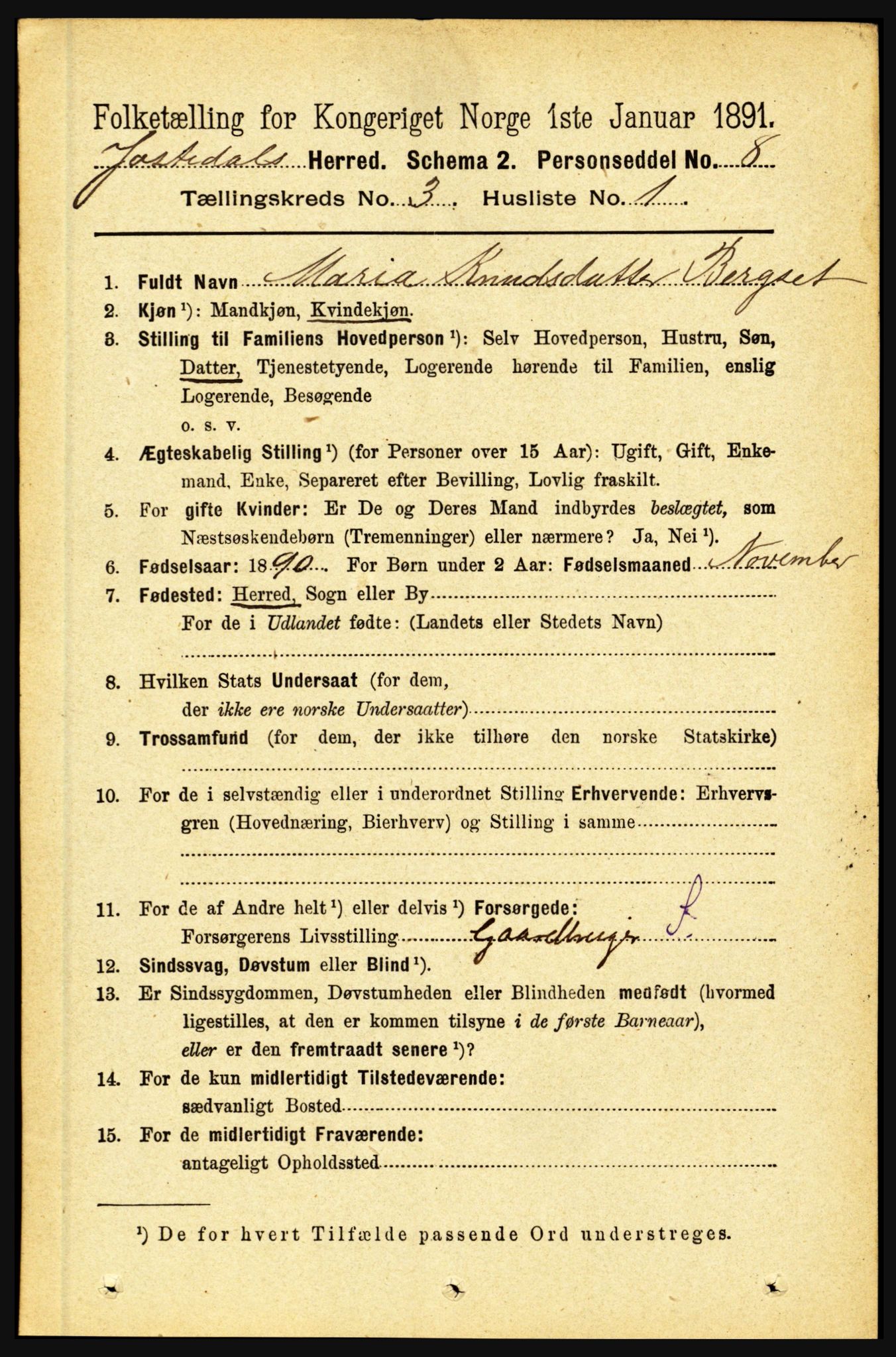 RA, 1891 census for 1427 Jostedal, 1891, p. 902