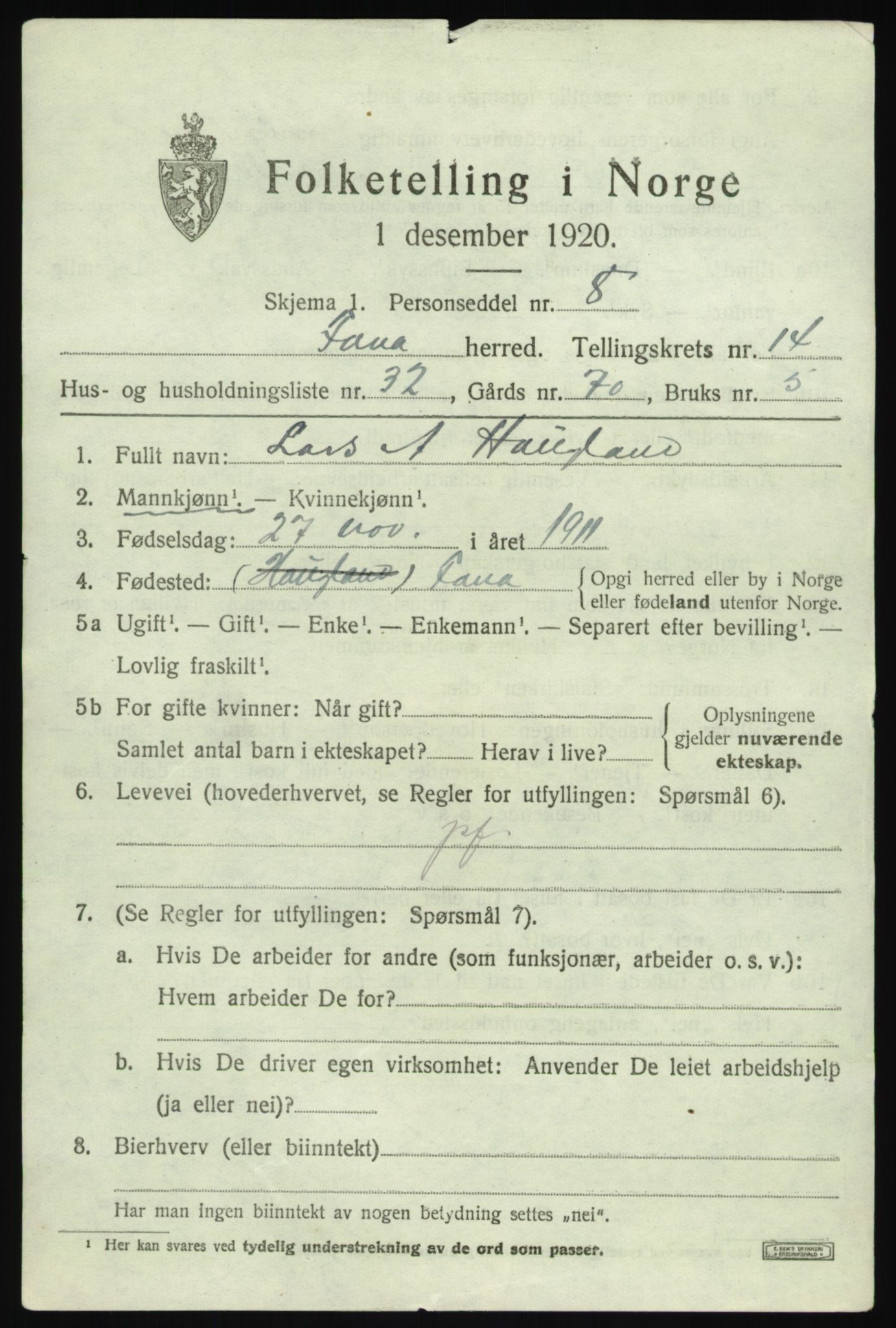 SAB, 1920 census for Fana, 1920, p. 20989