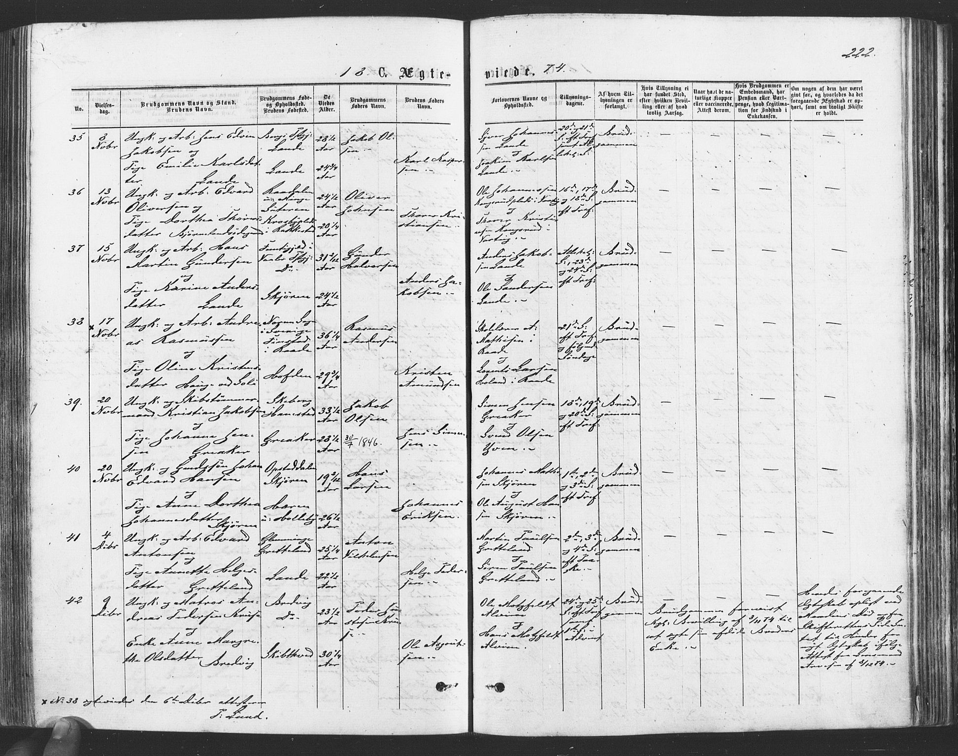 Tune prestekontor Kirkebøker, SAO/A-2007/F/Fa/L0016: Parish register (official) no. 16, 1874-1877, p. 222