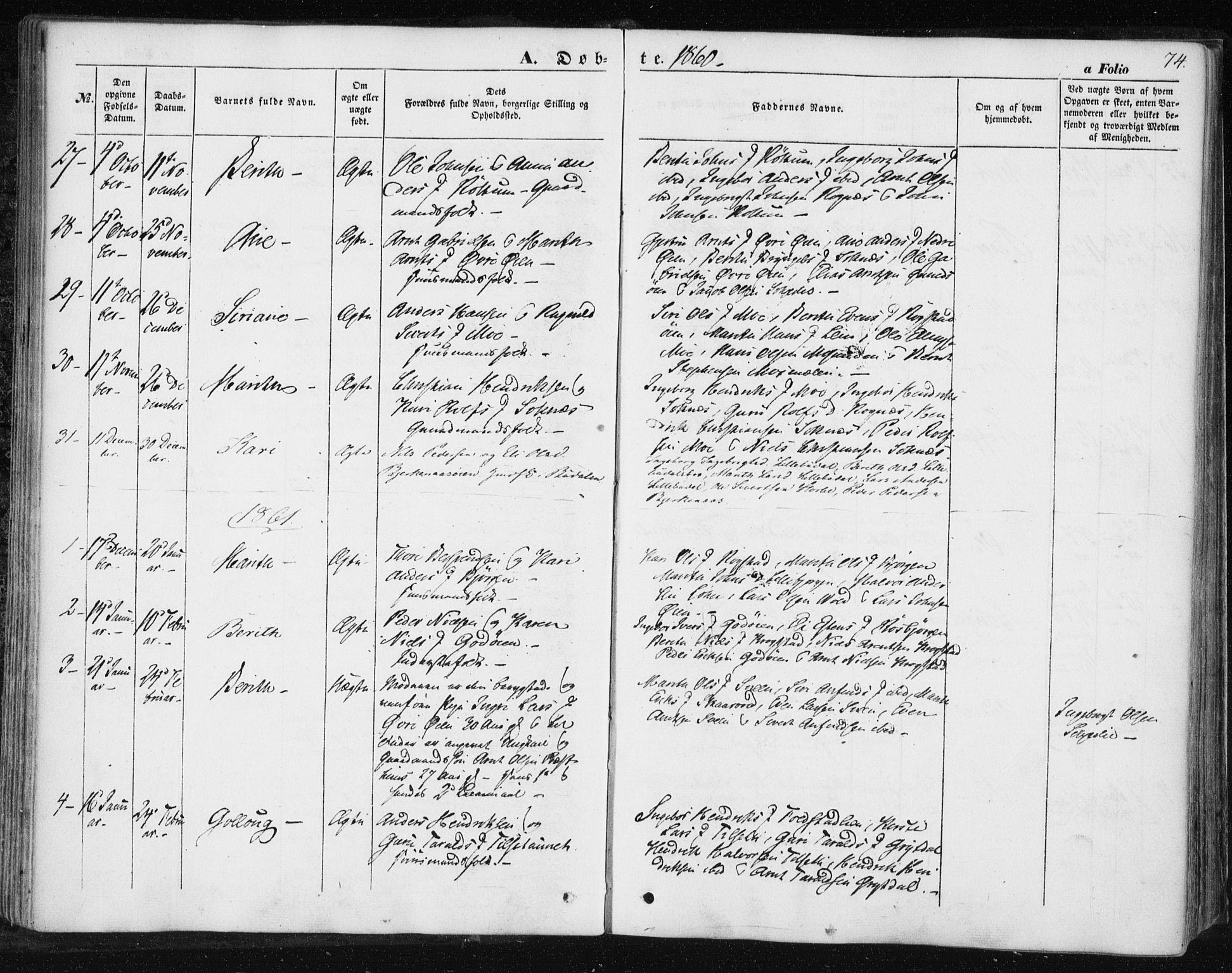 Ministerialprotokoller, klokkerbøker og fødselsregistre - Sør-Trøndelag, SAT/A-1456/687/L1000: Parish register (official) no. 687A06, 1848-1869, p. 74