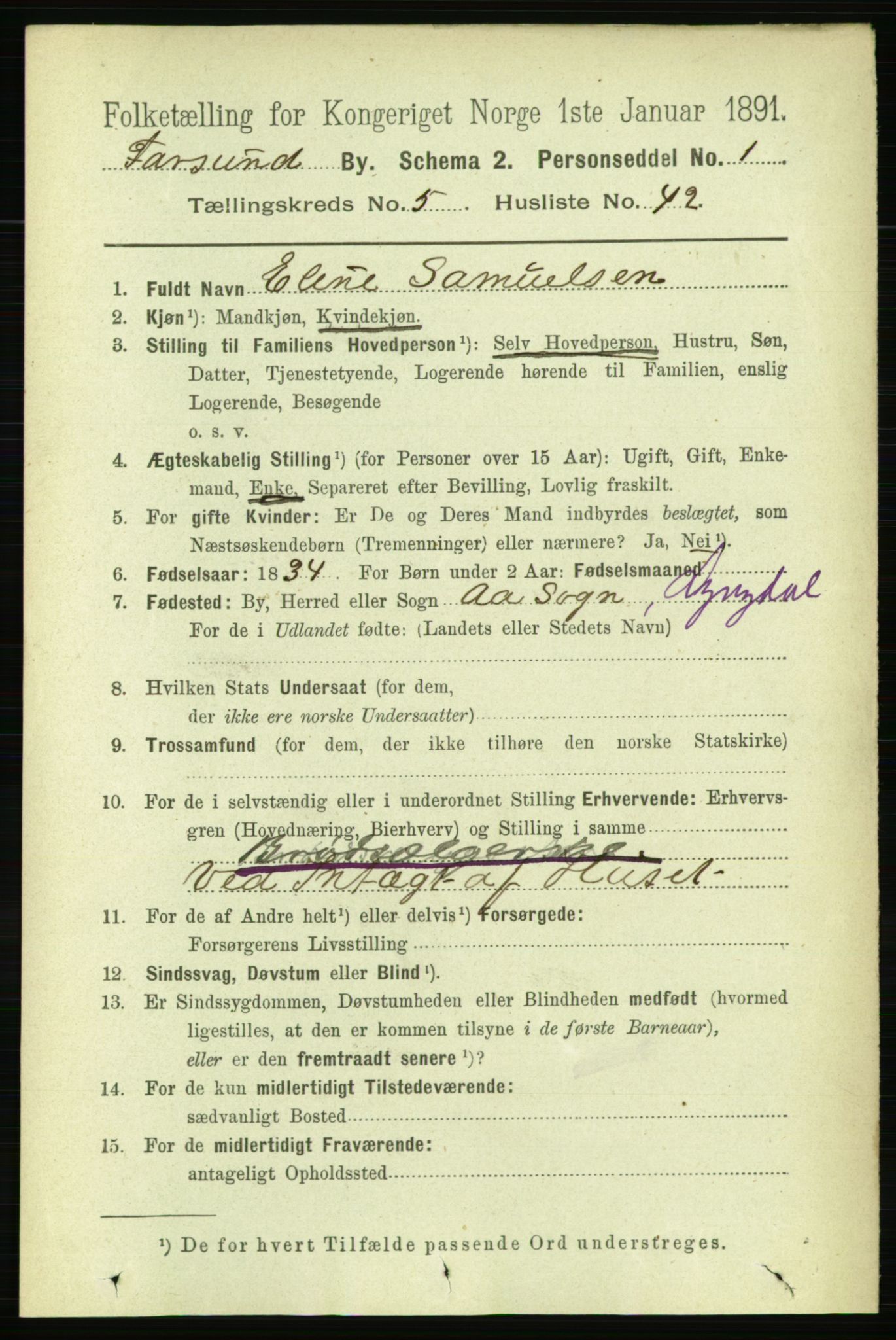 RA, 1891 census for 1003 Farsund, 1891, p. 2199