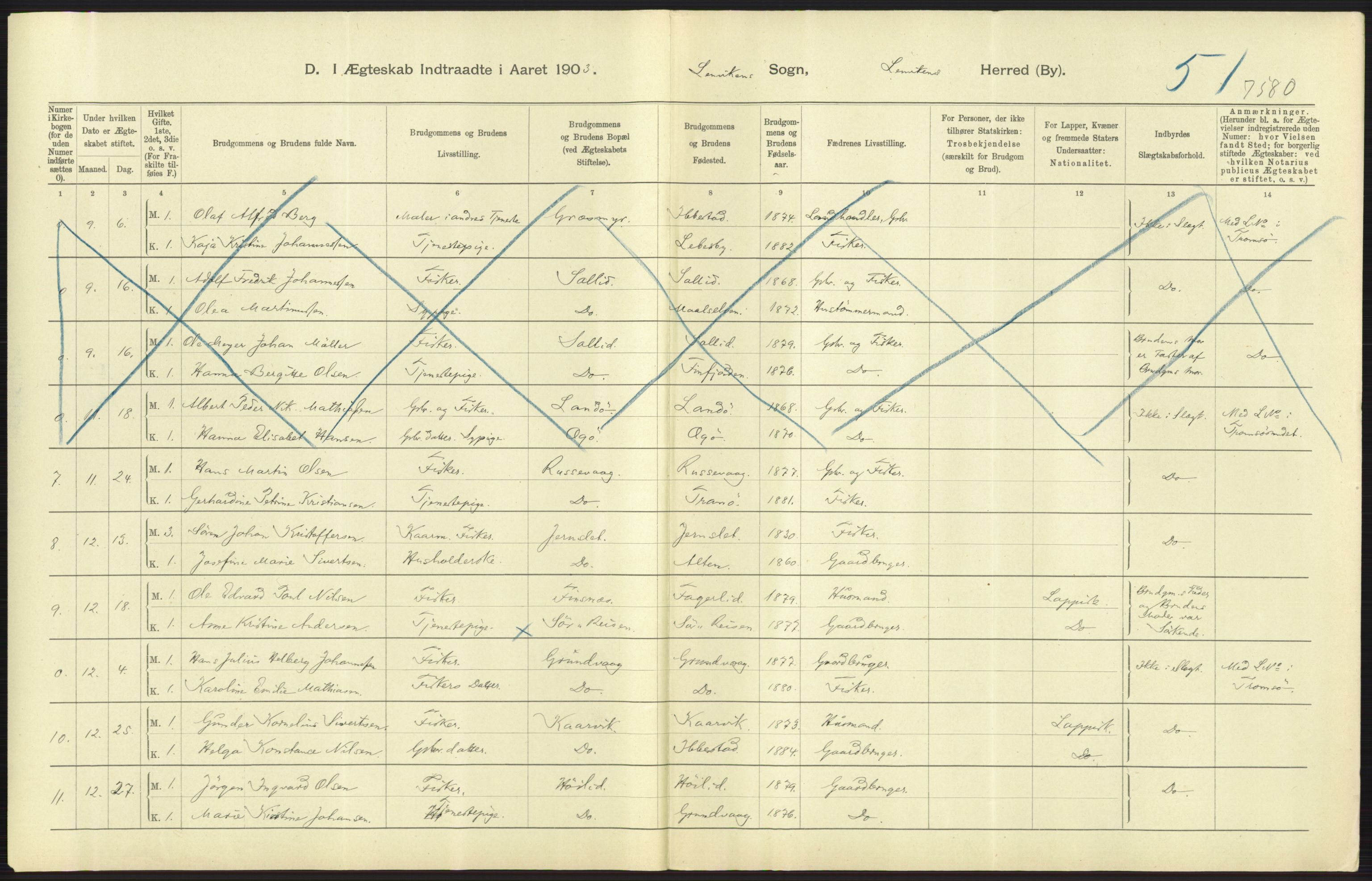 Statistisk sentralbyrå, Sosiodemografiske emner, Befolkning, AV/RA-S-2228/D/Df/Dfa/Dfaa/L0021: Tromsø amt: Fødte, gifte, døde., 1903, p. 327