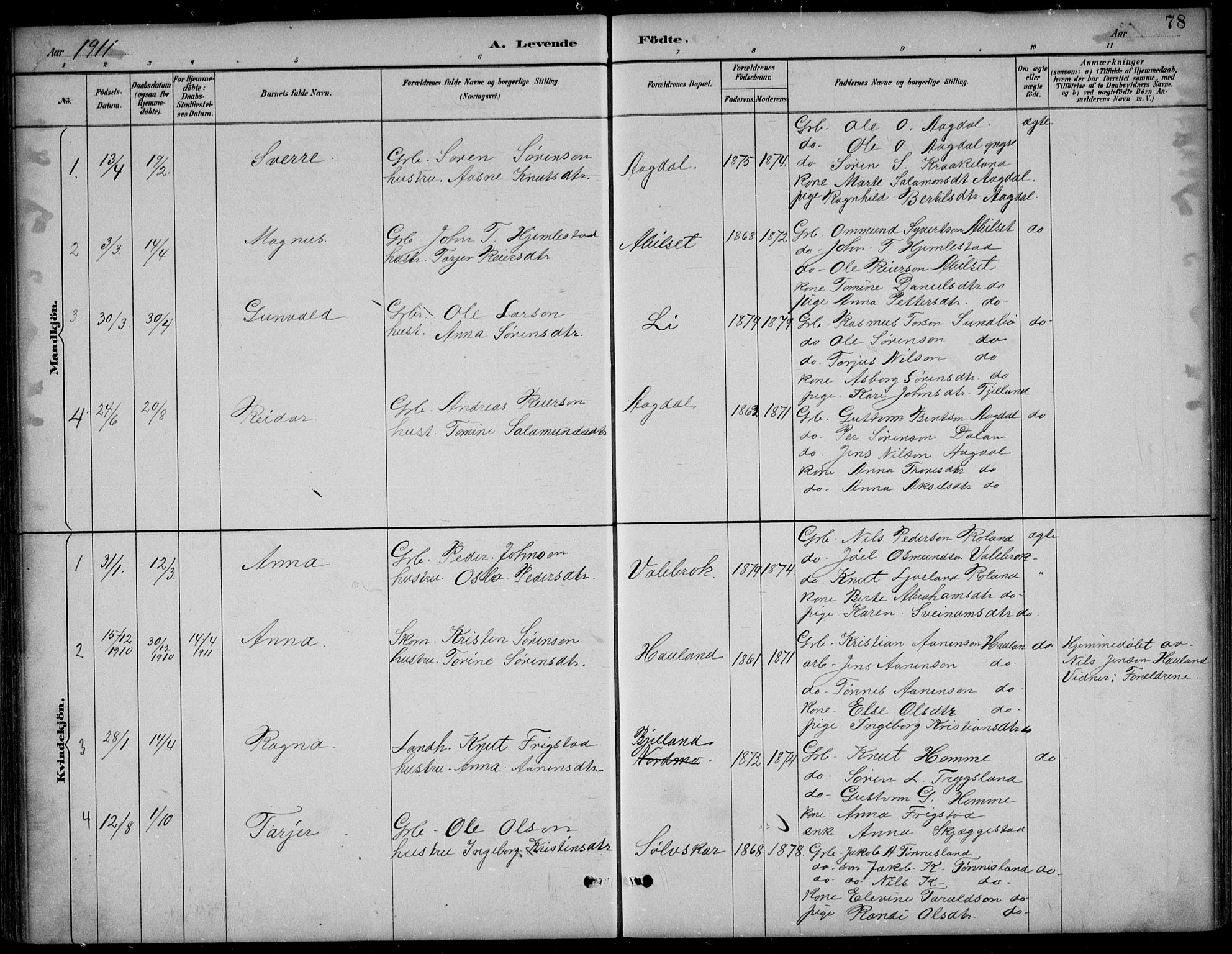 Bjelland sokneprestkontor, SAK/1111-0005/F/Fb/Fba/L0005: Parish register (copy) no. B 5, 1887-1923, p. 78