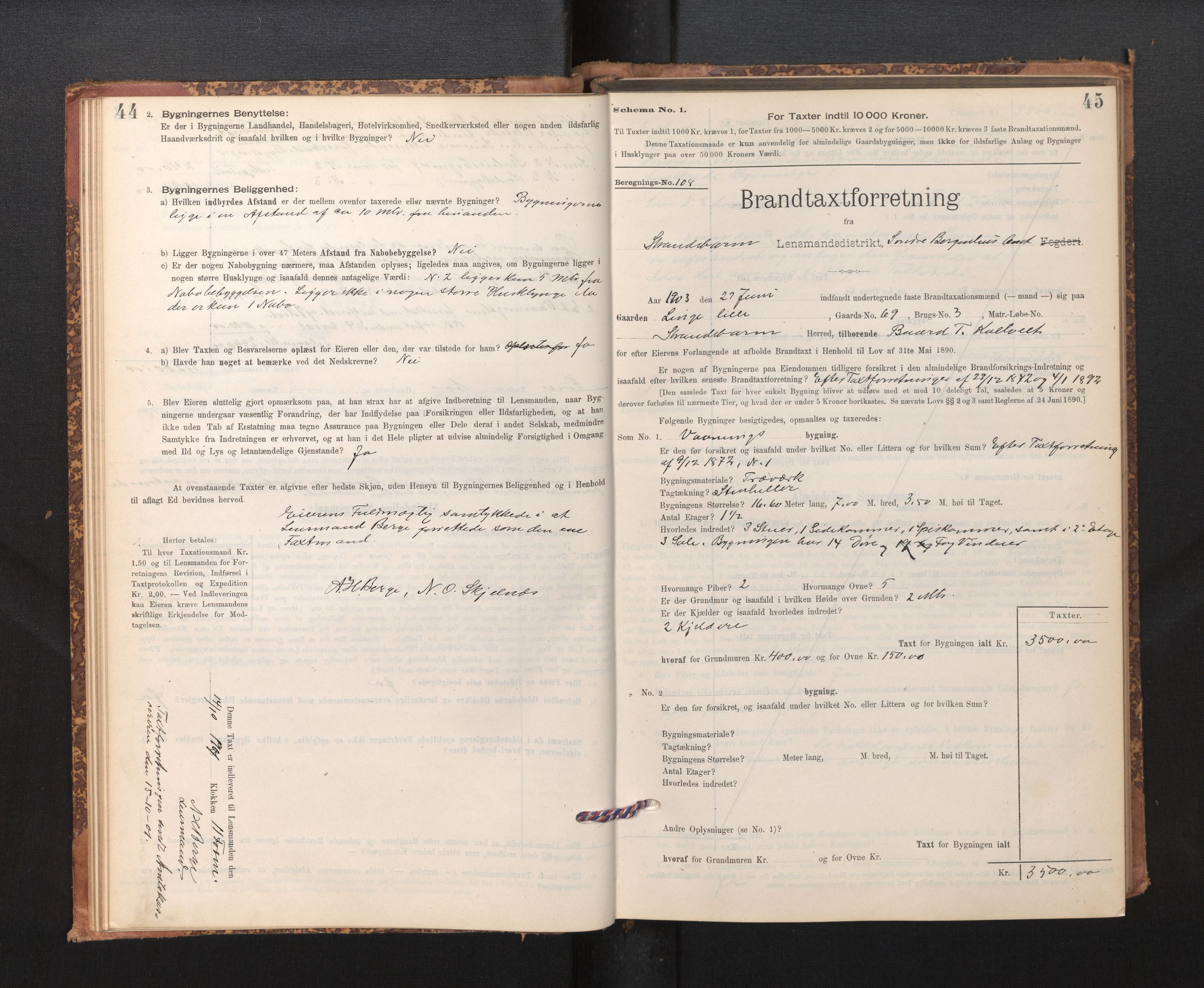 Lensmannen i Strandebarm, SAB/A-35101/0012/L0004: Branntakstprotokoll, skjematakst, 1895-1920, p. 44-45