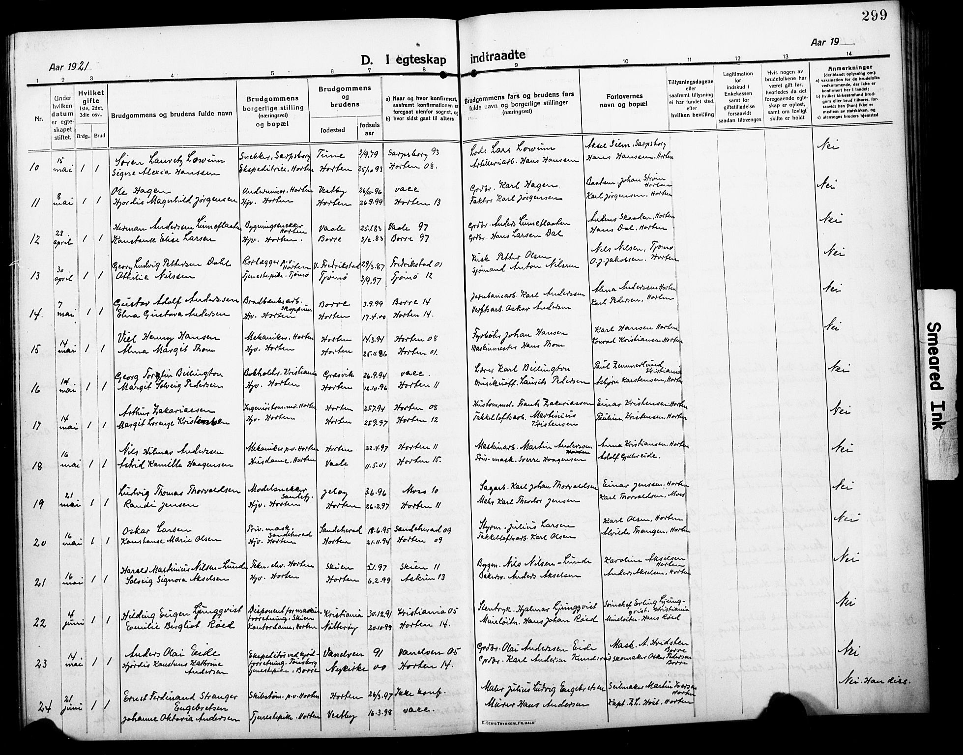 Horten kirkebøker, AV/SAKO-A-348/G/Ga/L0008: Parish register (copy) no. 8, 1916-1926, p. 299